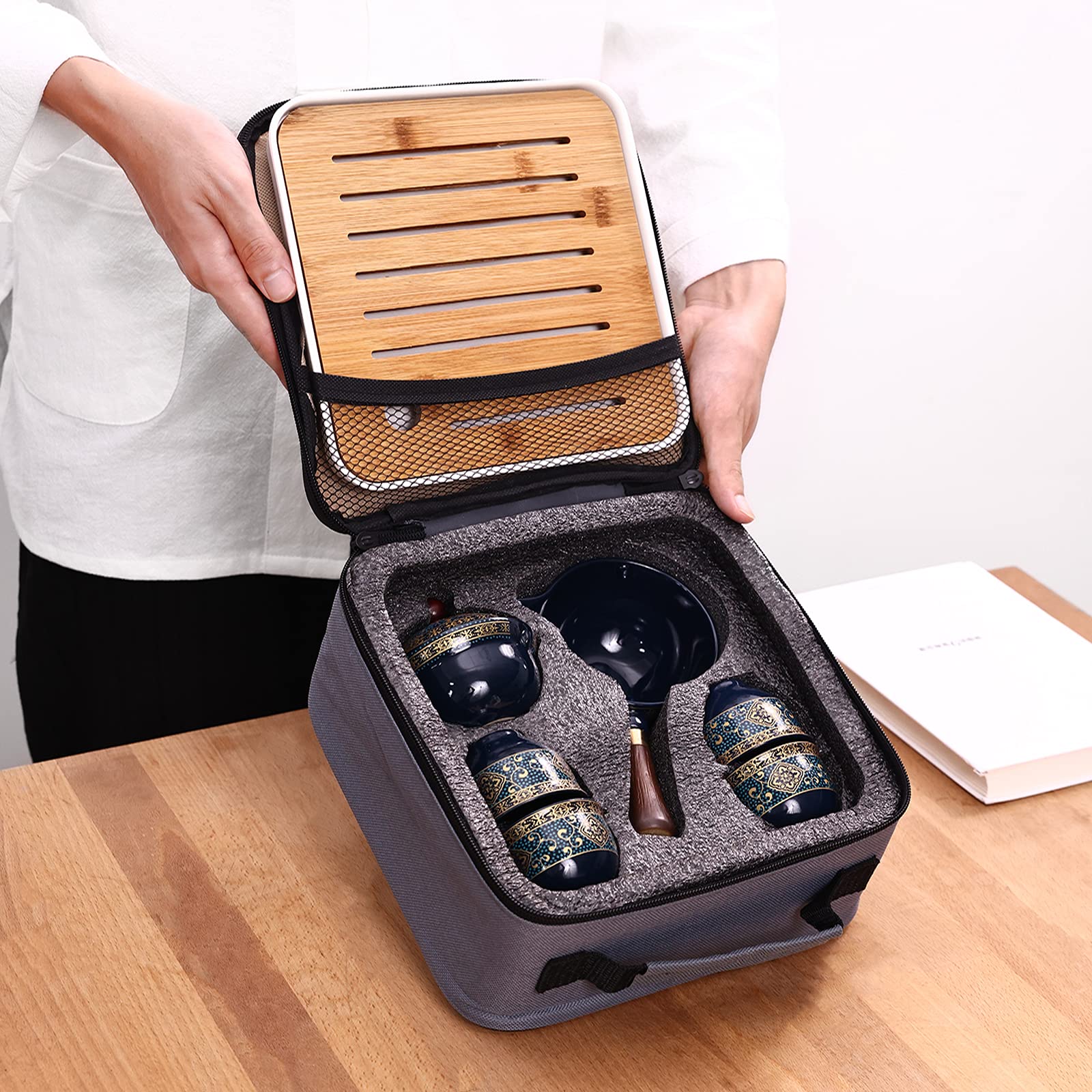 Lurrier Porcelain Chinese Gongfu Tea Set,Portable Teapot Set With 360 Rotation Tea Maker And Infuser,Portable All In One Gift Ba