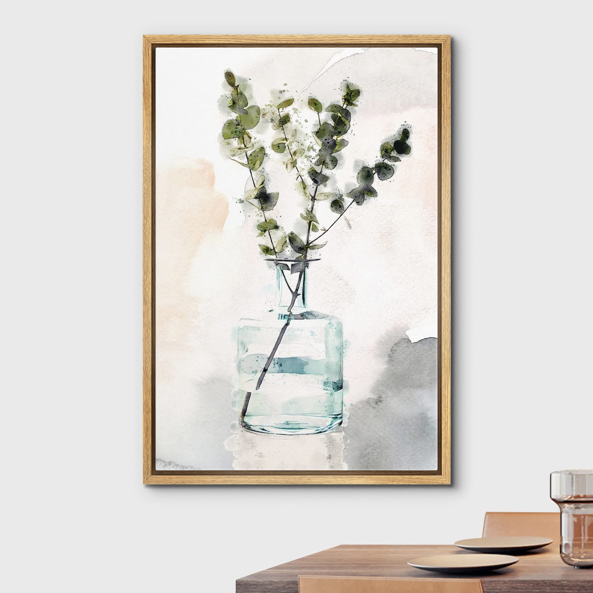 Wall26 Framed Canvas Print Wall Art Dark Green Watercolor Eucalyptus Stem In Glass Vase Floral Botanical Illustrations Modern Ar