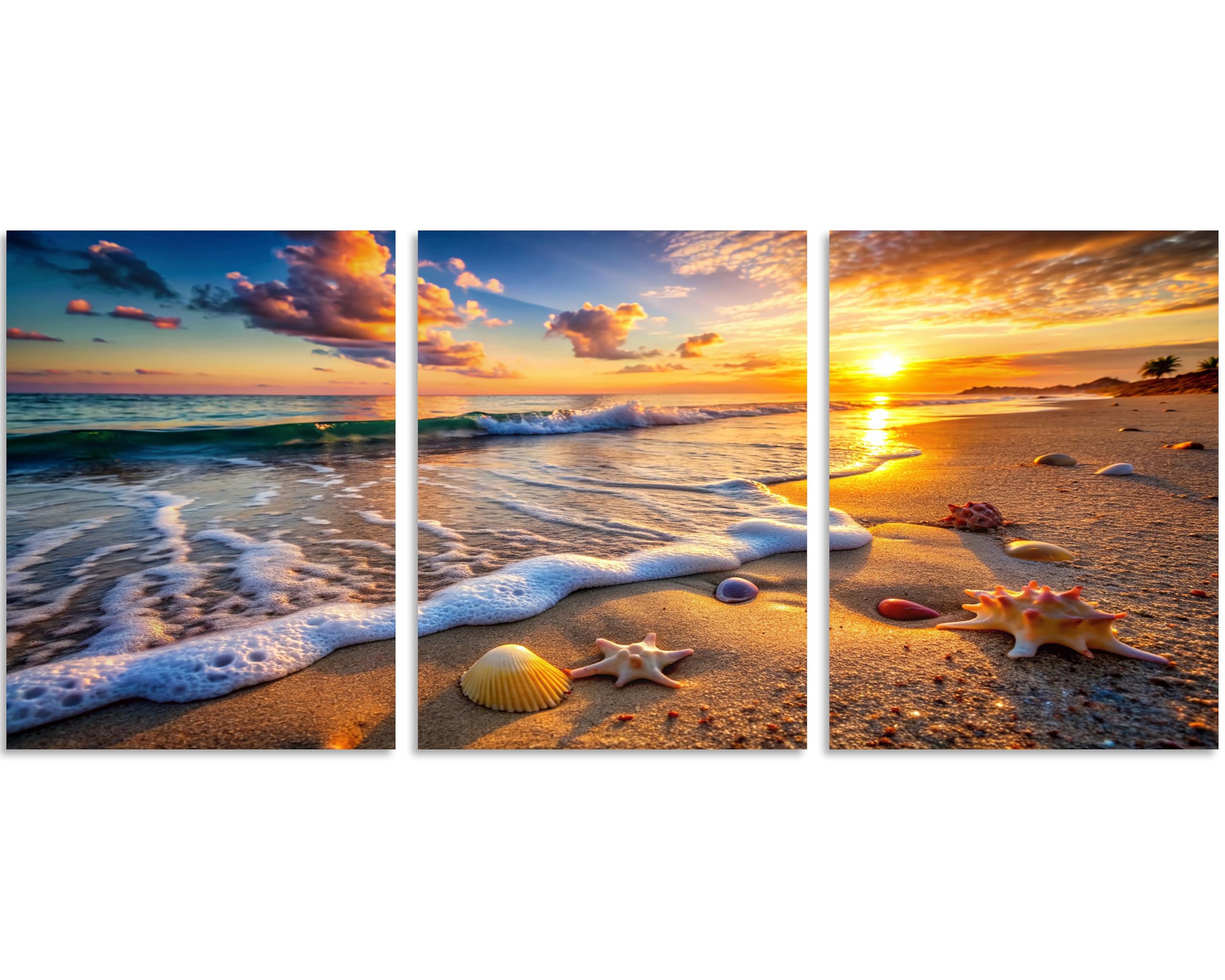 Tutubeer 3 Panels Beach Picture Beach Wall Art Blue Sea Sunset White Beach With Starfish Beach Canvas Print On Canvas Seascape T