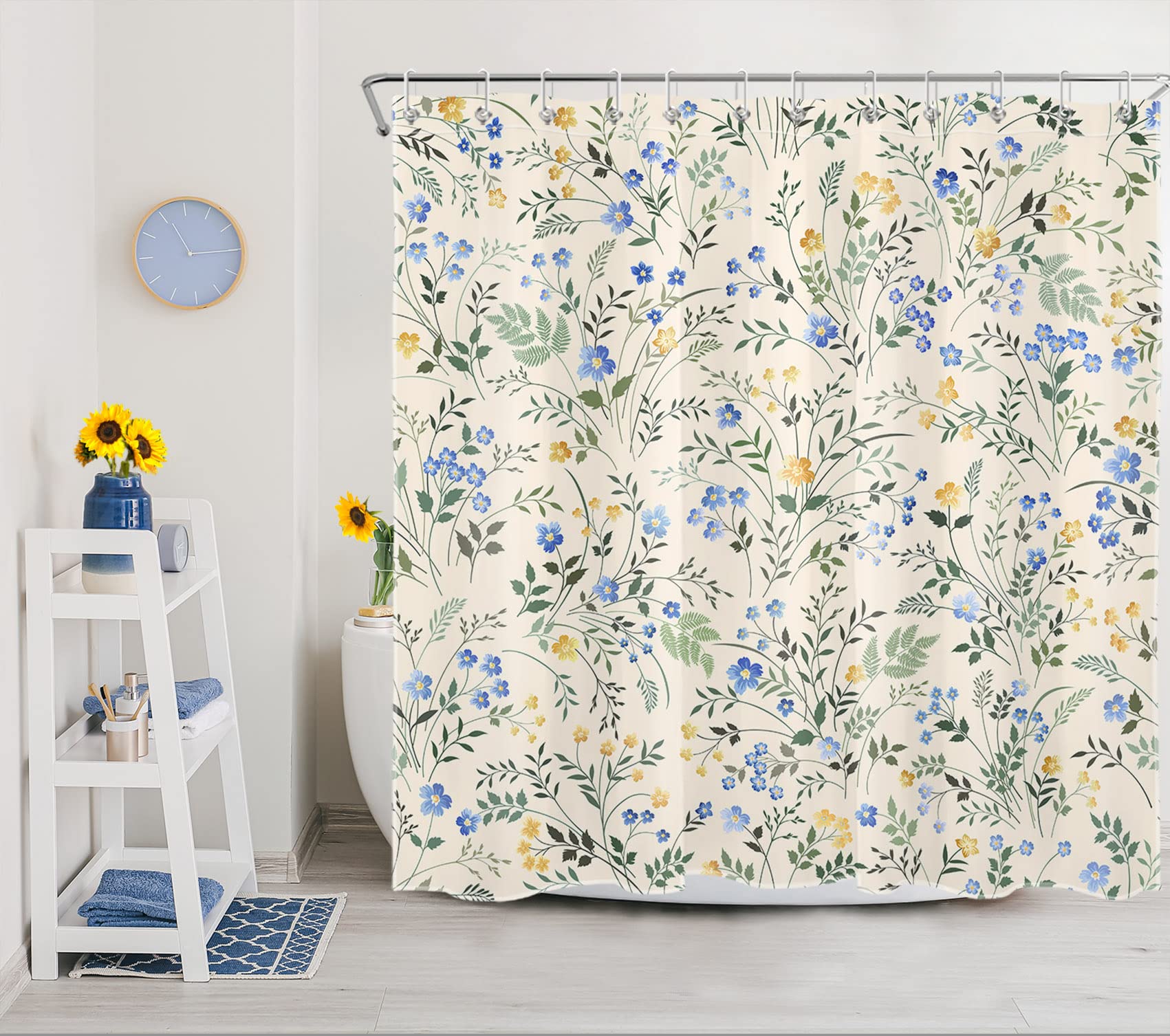 Lb Country Wildflower Shower Curtain Decor,Blue And Yellow Floral Green Leaf Plant On Beige Shower Curtain For Bathroom 72X72 In