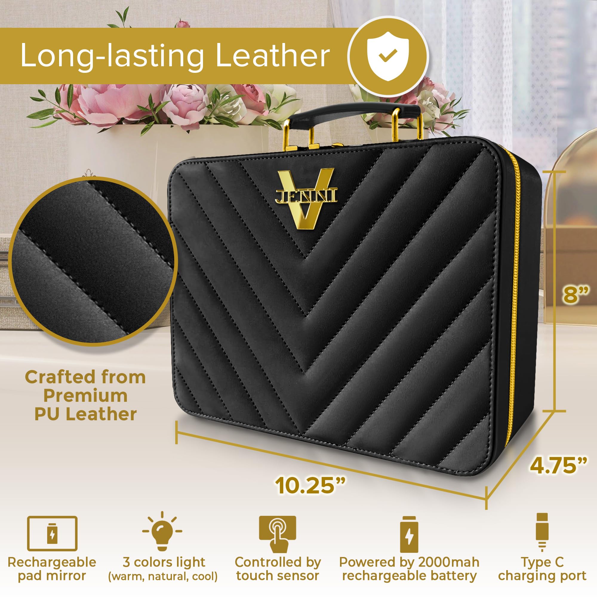 Jenni V Upscale Pu Leather Makeup Bag With Light Up Mirror, 3 Brightness Settings, Adjustable Dividers - Replace Your Bulky Vani