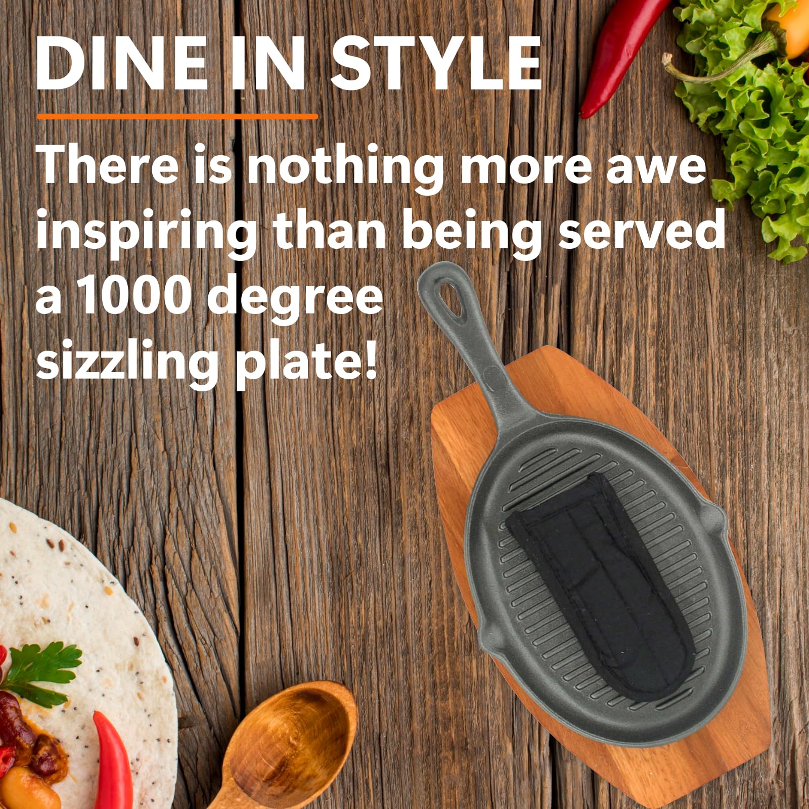 Mr. Bar-B-Q Cast Iron Fajita Skillets Set, Pre-Seasoned Non-Stick Sizzling Plate, Wooden Base W/Cloth Handle, Sizzler Steak Plat