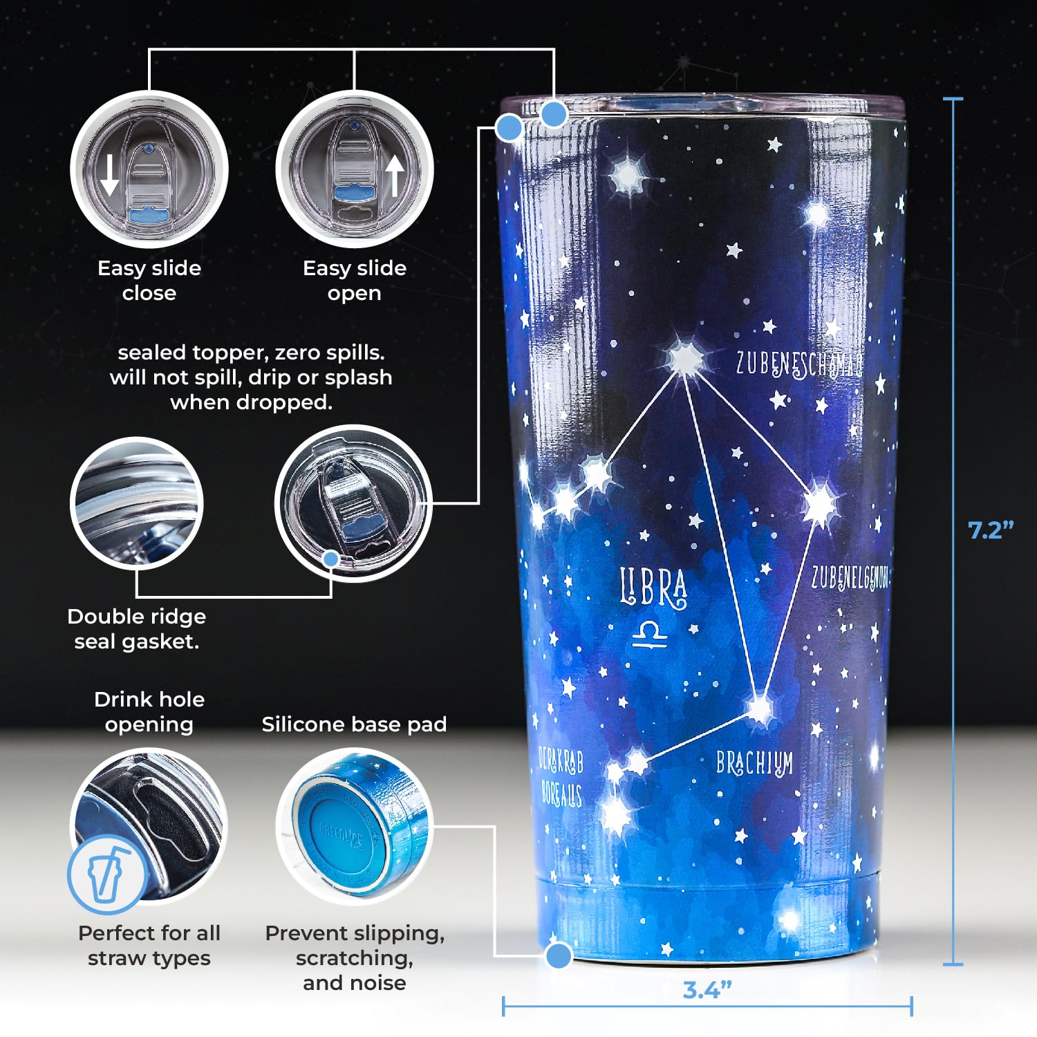 Greenline Goods Zodiac Insulated Coffee Tumbler - Libra 20 Oz Metal Drink Cup With Slide Top Lid - Non Slip Silicone Base - Astr