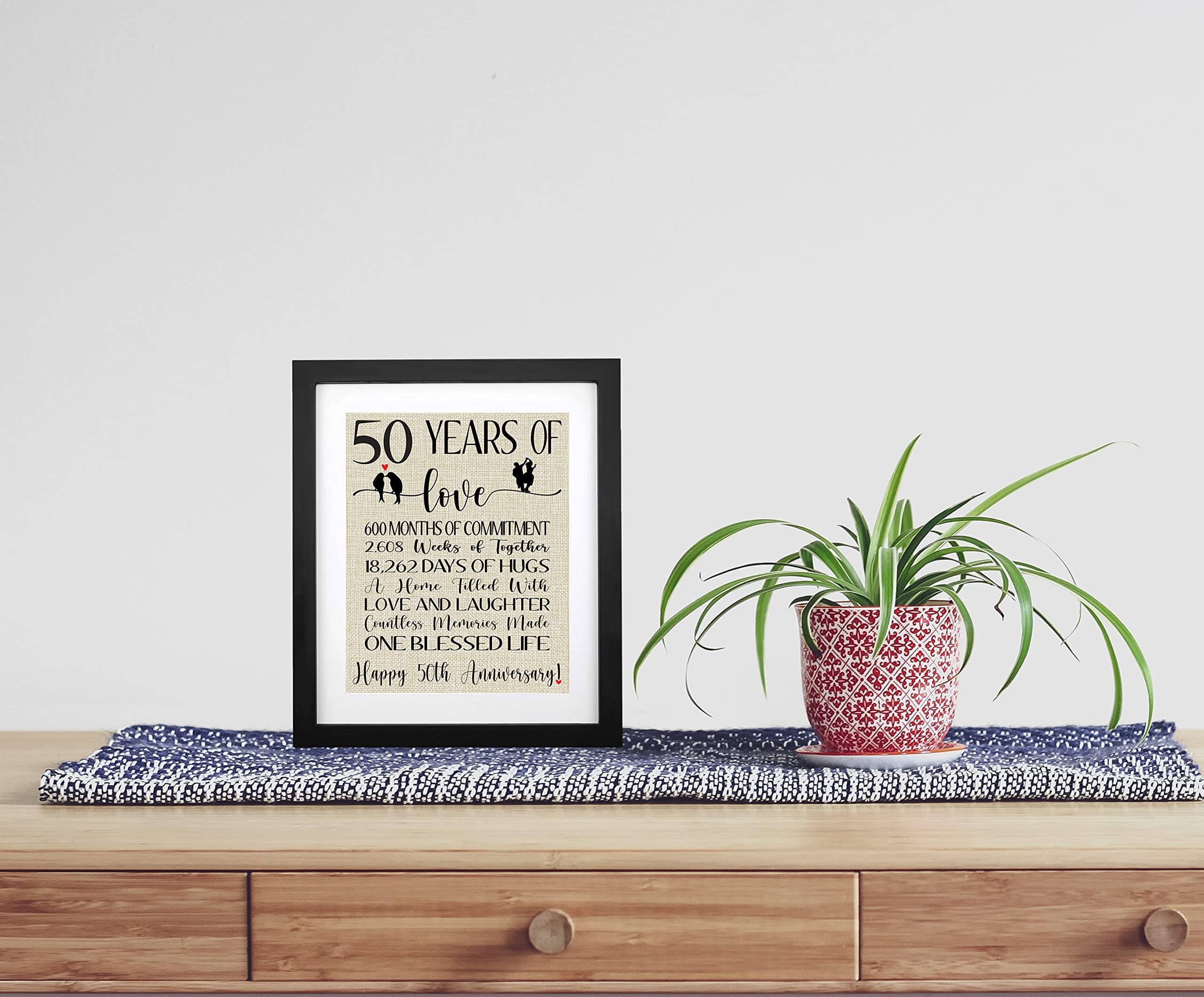 Framed 50 Years Of Love Burlap Print, Gifts For Parents 50Th Anniversary, Couple 50Th Wedding Anniversary, Golden Anniversary De