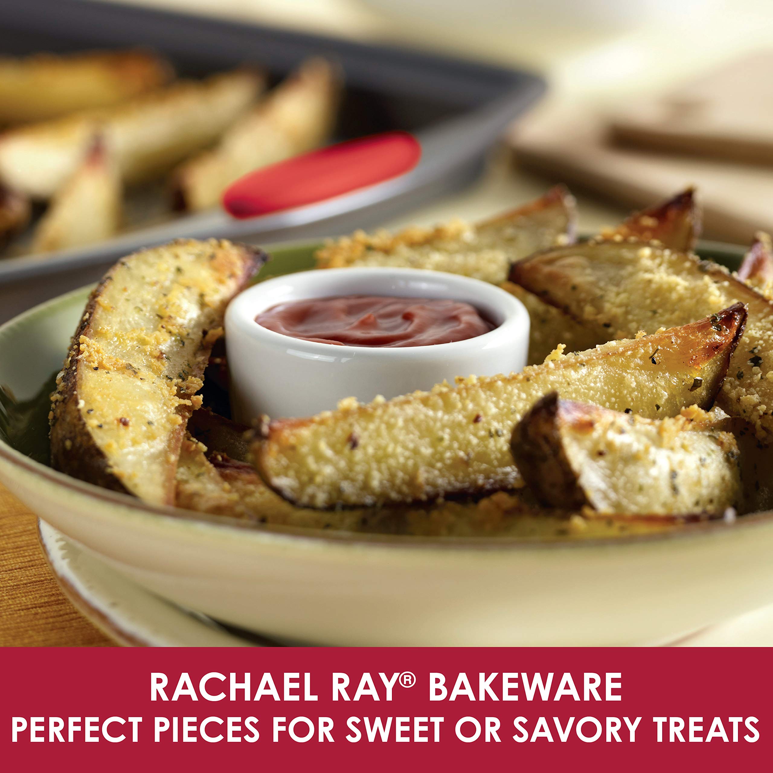 Rachael Ray Bakeware Nonstick Cookie Pan Set, 3-Piece, Gray With Red Grips