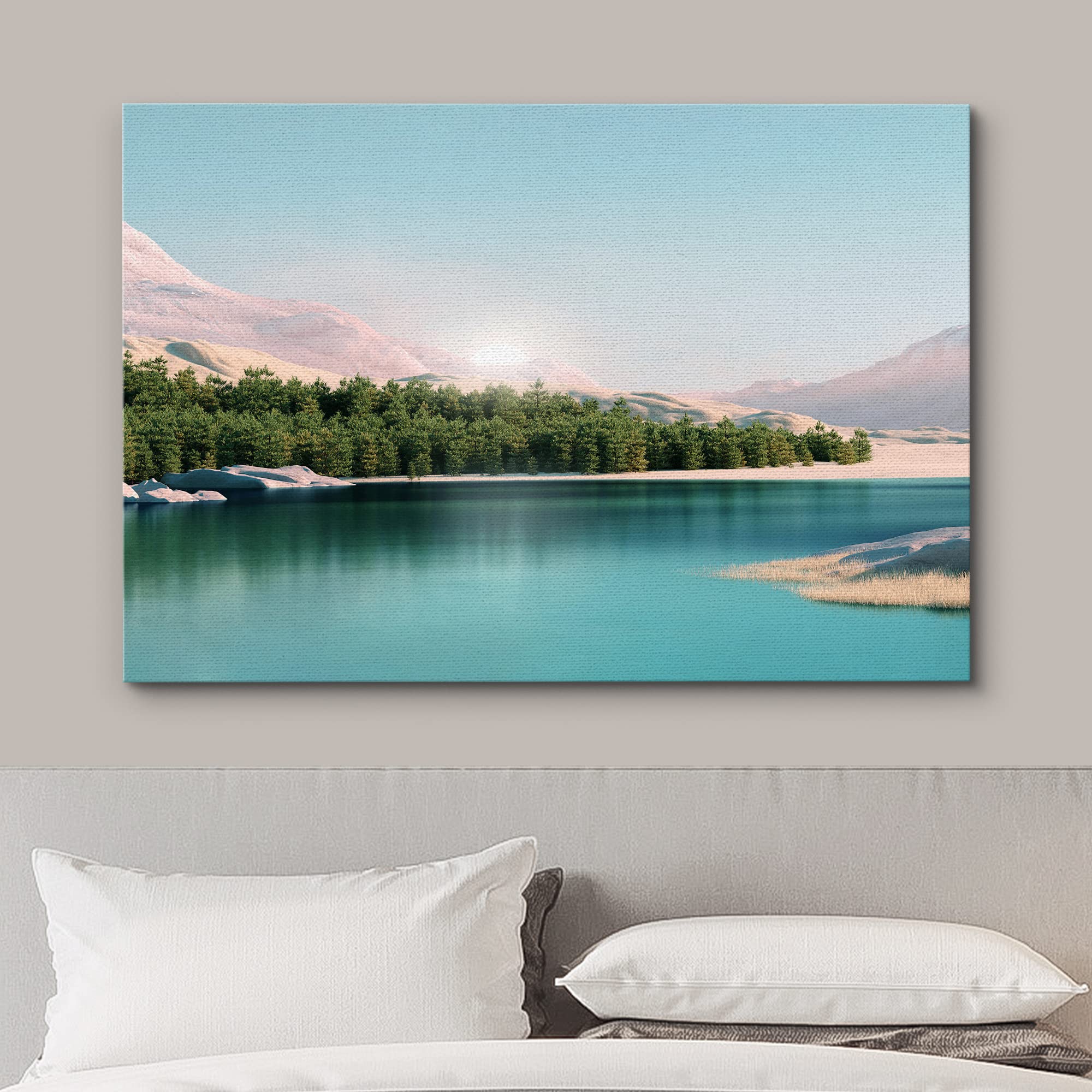 wall26 Canvas Print Wall Art Pastel Mountain Forest Teal Lake View Nature Wilderness Photography Realism Earth Scenery Rustic Scenic Landscape Colorful for Living Room  Bedroom  Office - 12''x18''