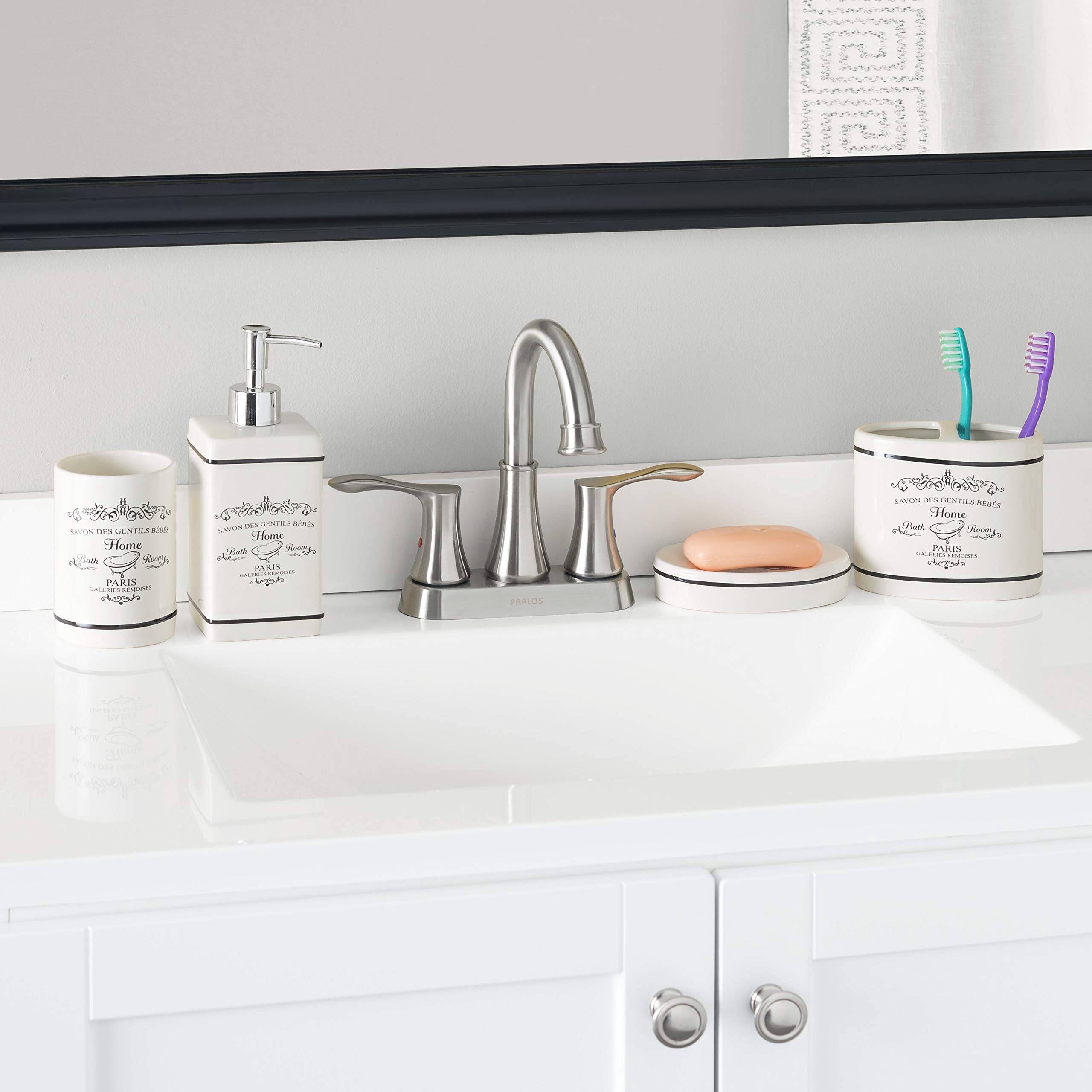 Home Basics Paris Collection 4 Piece Bathroom Accessories Set Featuring A Soap Dispenser, Toothbrush Holder, Tumbler, And Soap D
