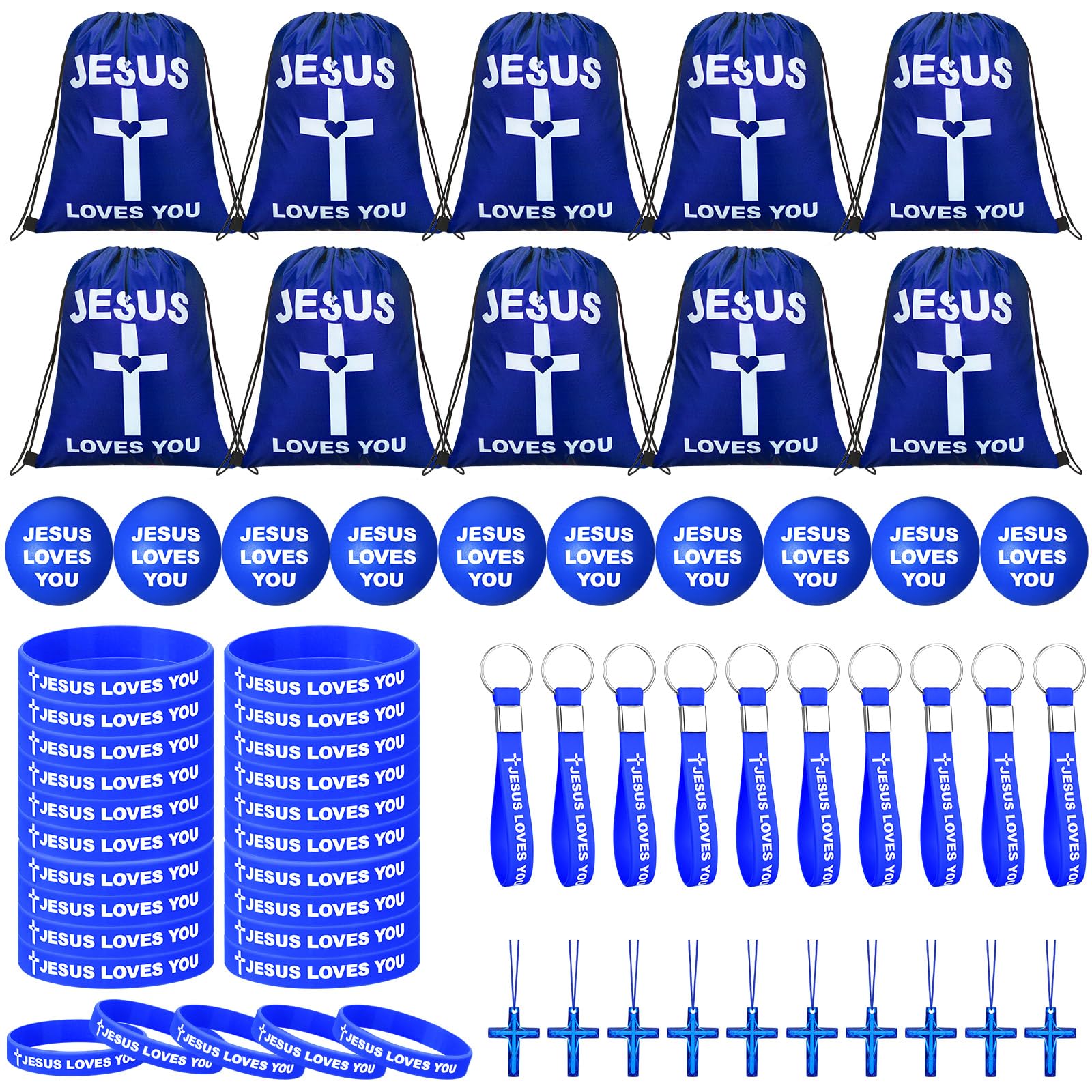 SilTriangle 100 Pcs Jesus Loves You Party Favors Includes Jesus Loves You Drawstring Backpack, Bracelets, Keychains, Cross Neckl