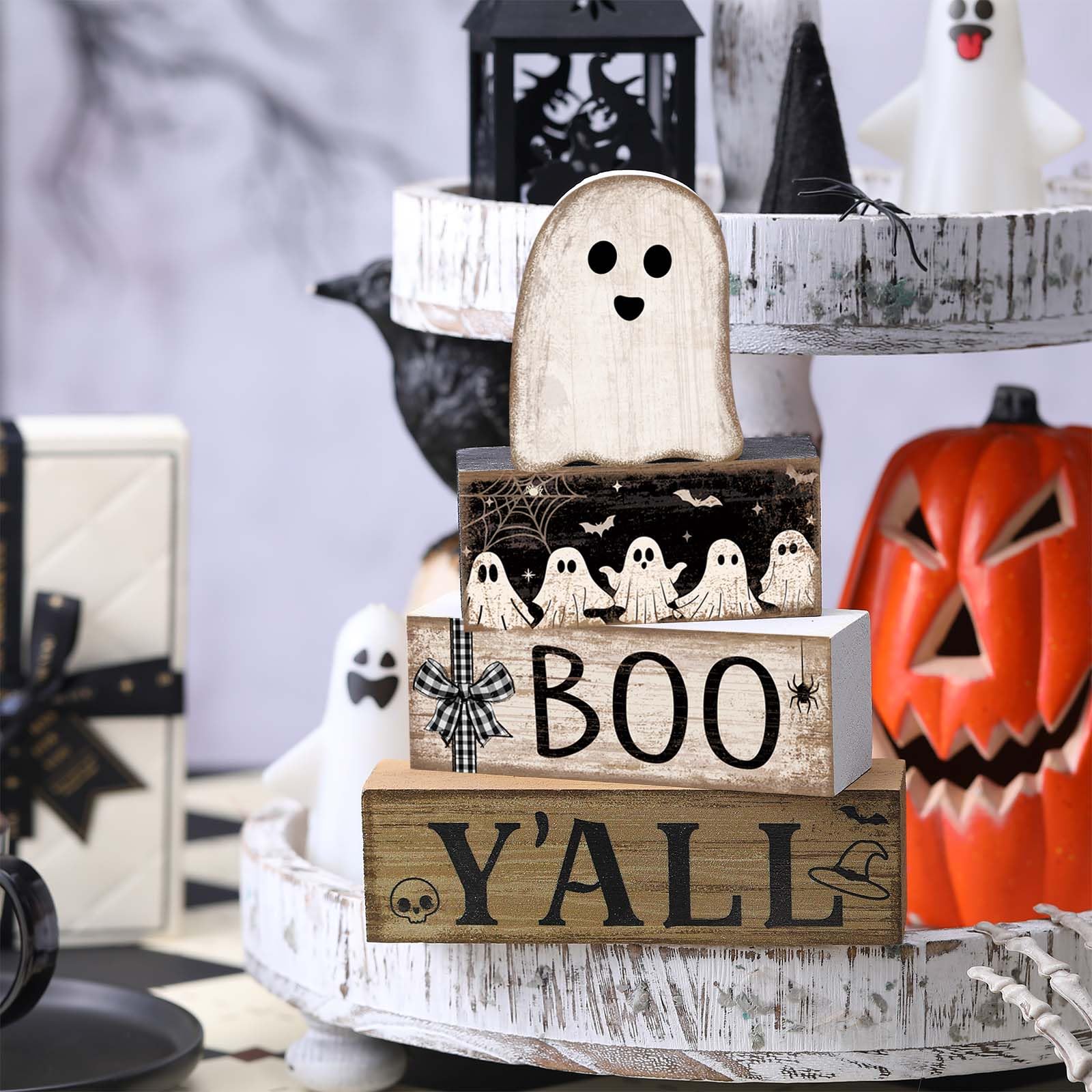 Lineshading 4 Pcs Halloween Table Decoration Wooden Ghost Tiered Tray Decoration Rustic Wood Ghost Block Signs Gift Halloween Ce