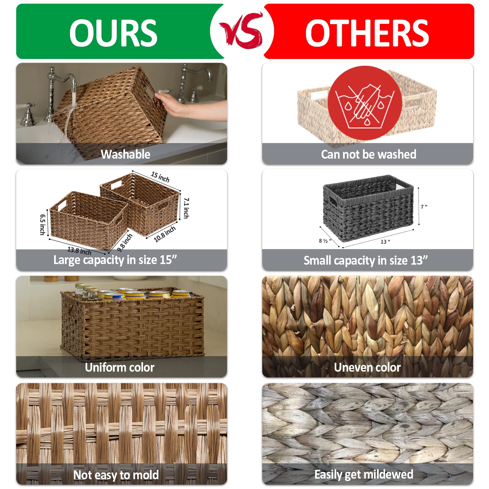 Rosos Wicker Baskets 2 Pack, Wicker Storage Basket With Handles, Large Wicker Baskets For Storage, Waterproof Wicker Baskets For