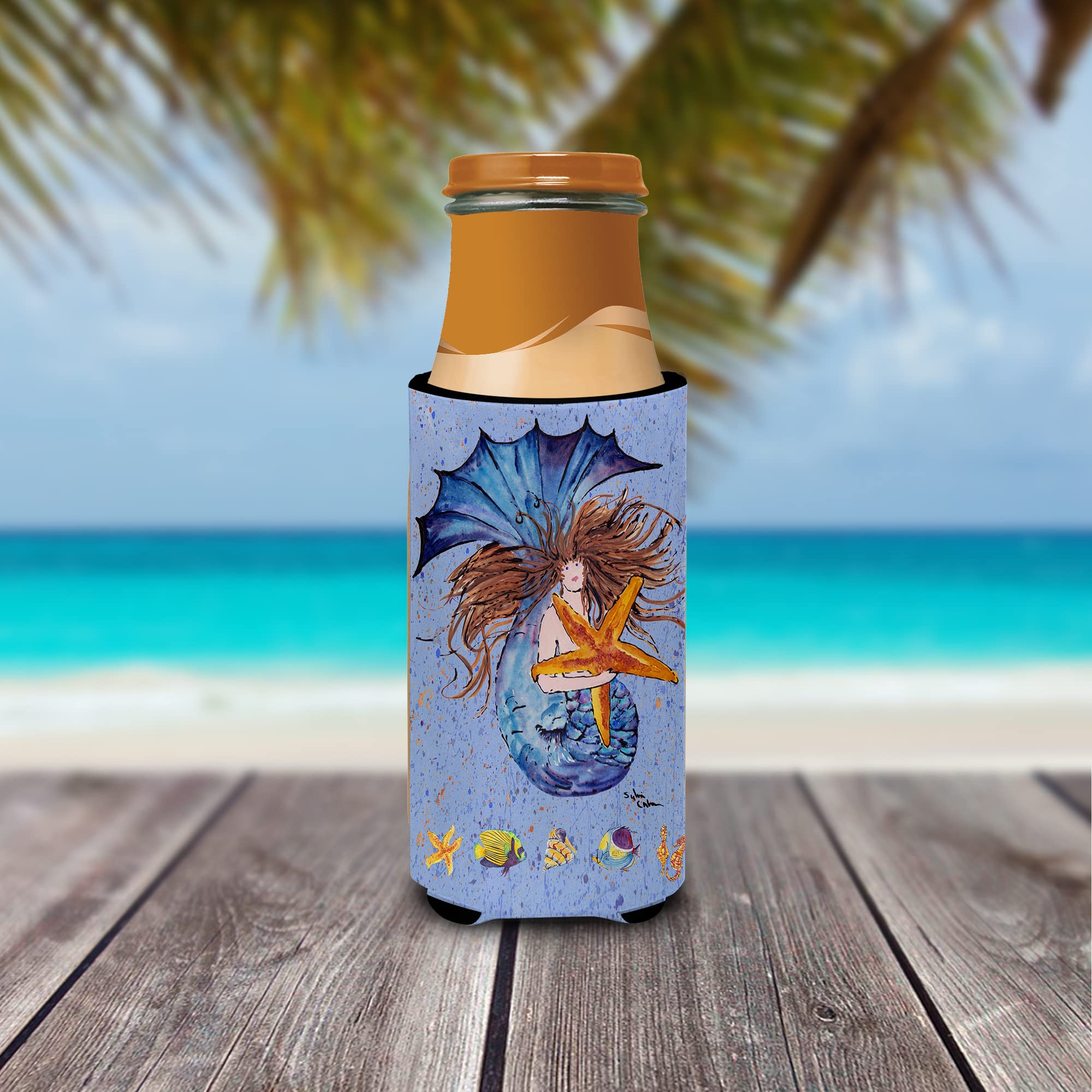 Brown Headed Mermaid on Blue Ultra Beverage Insulators for slim cans 8337MUK