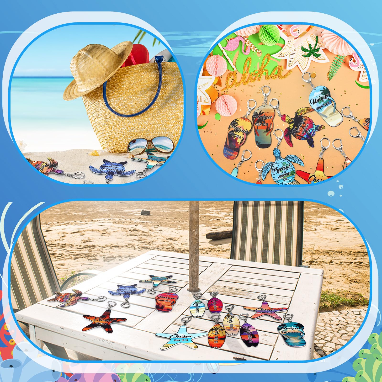 Bucherry 36 Pcs Beach Summer Party Favors Keychain Gifts Bulk Wooden Surfboard Sea Turtle Coconut Tree Christian Religious Key R