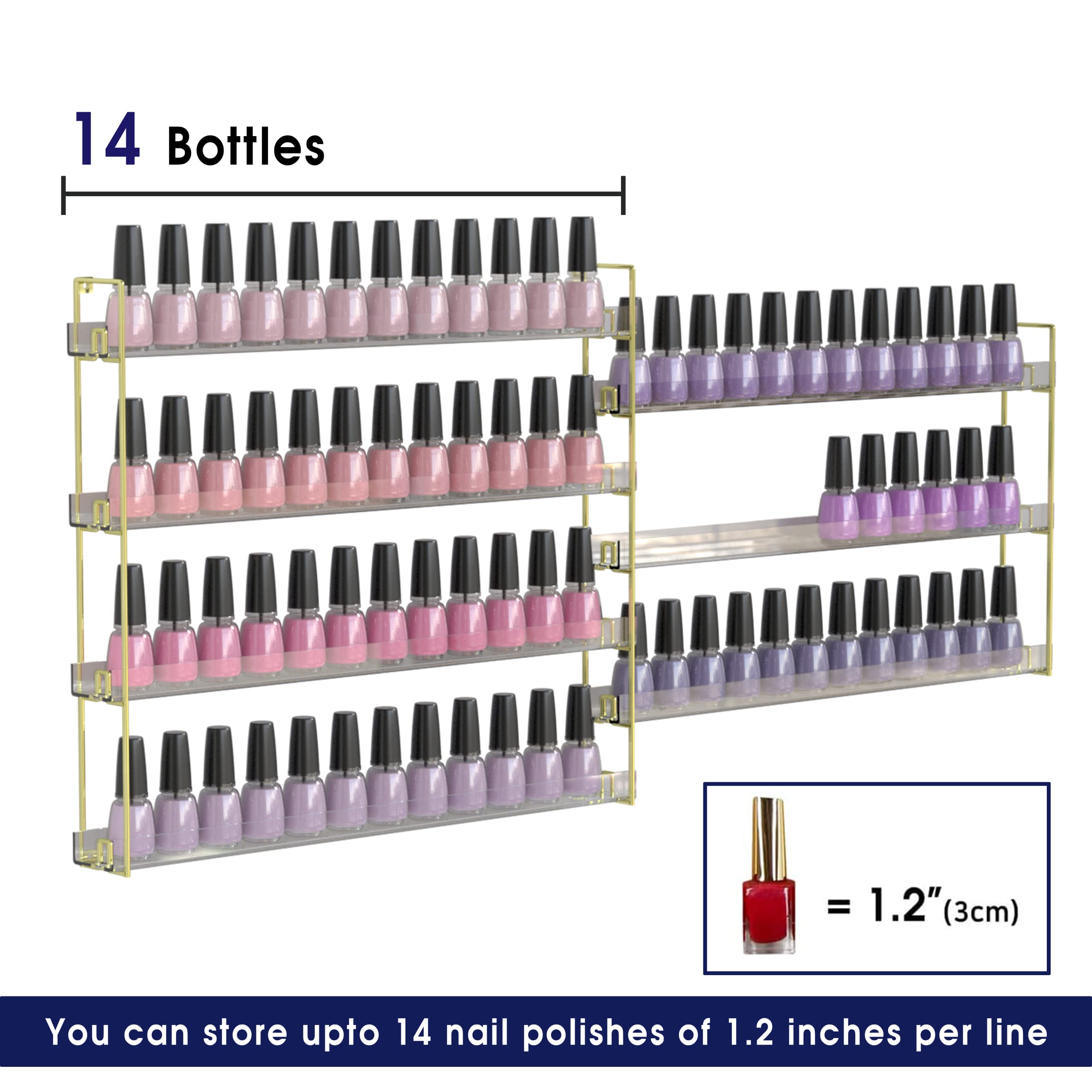 J JACKCUBE DESIGN Nail Polish Wall Mount Rack, 7 Tiers, Gold Acrylic Organizer for 84 Bottles, Model MK488A