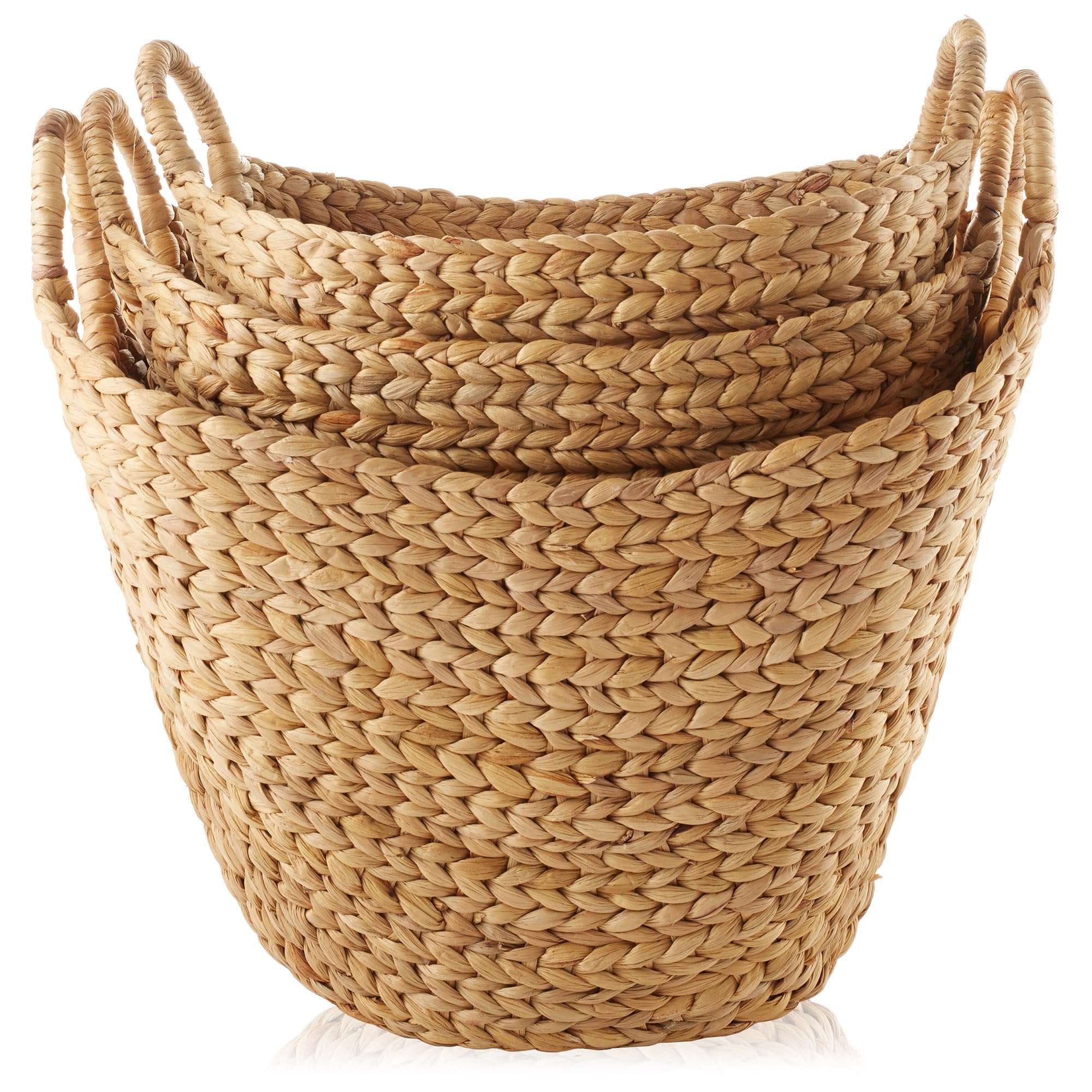 Casafield Set Of 3 Multipurpose Boat Baskets With Handles - Natural, Woven Water Hyacinth Storage Organizers For Throw Blankets,