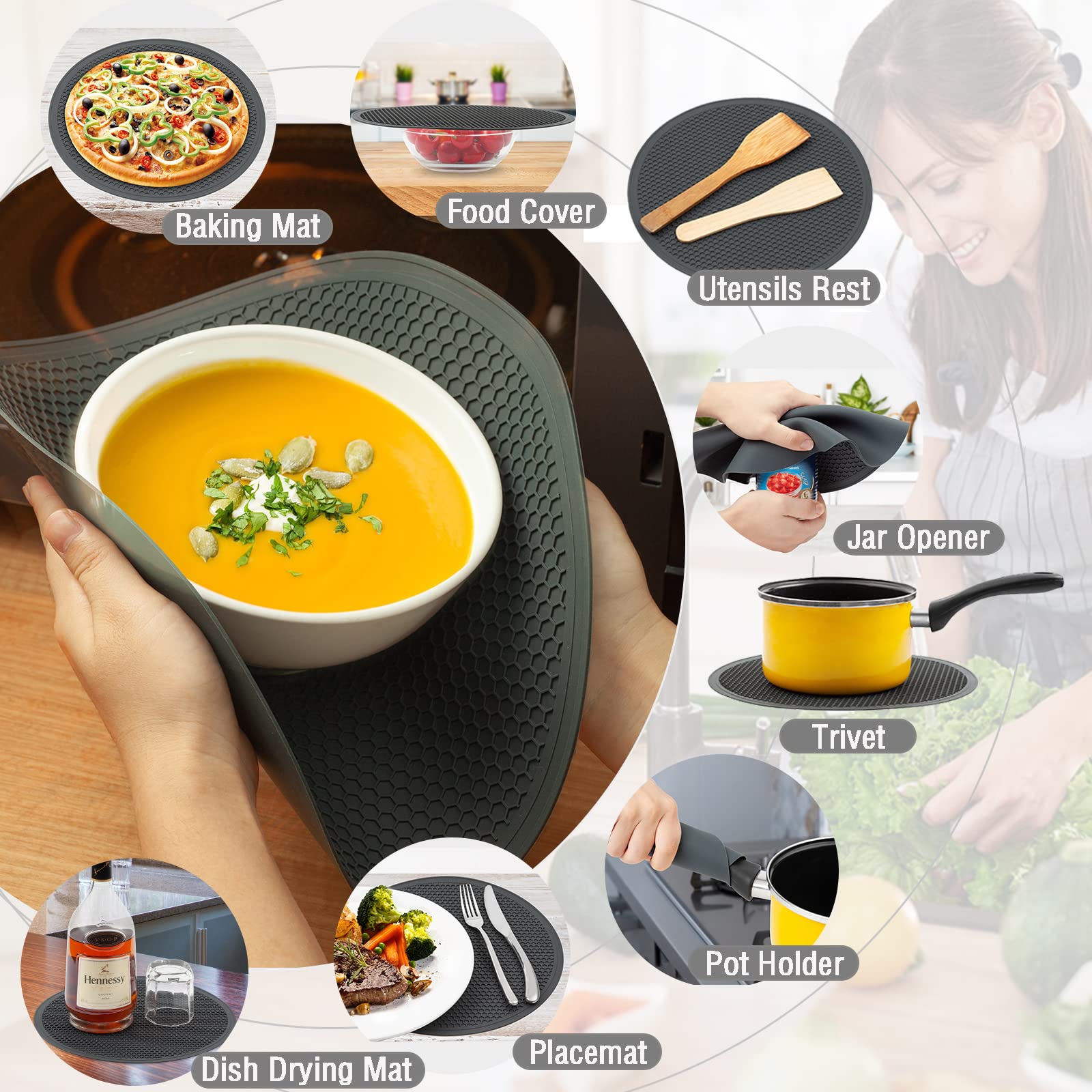 MAGJIUKE Microwave Food Cover & Mat, Vented Silicone Trivet, 11"x11", Heat Resistant, Non-Slip, Essential Kitchen Tool