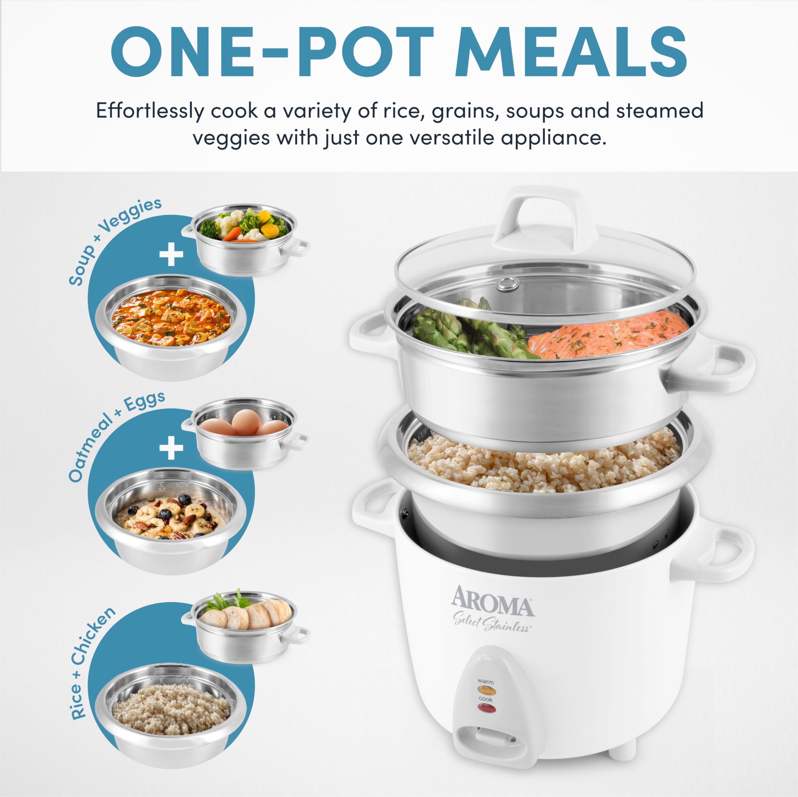 Aroma Housewares 14-Cup (Cooked) / 3Qt. Select Stainless Pot-Style Rice Cooker, & Food Steamer, One-Touch Operation, Automatic K
