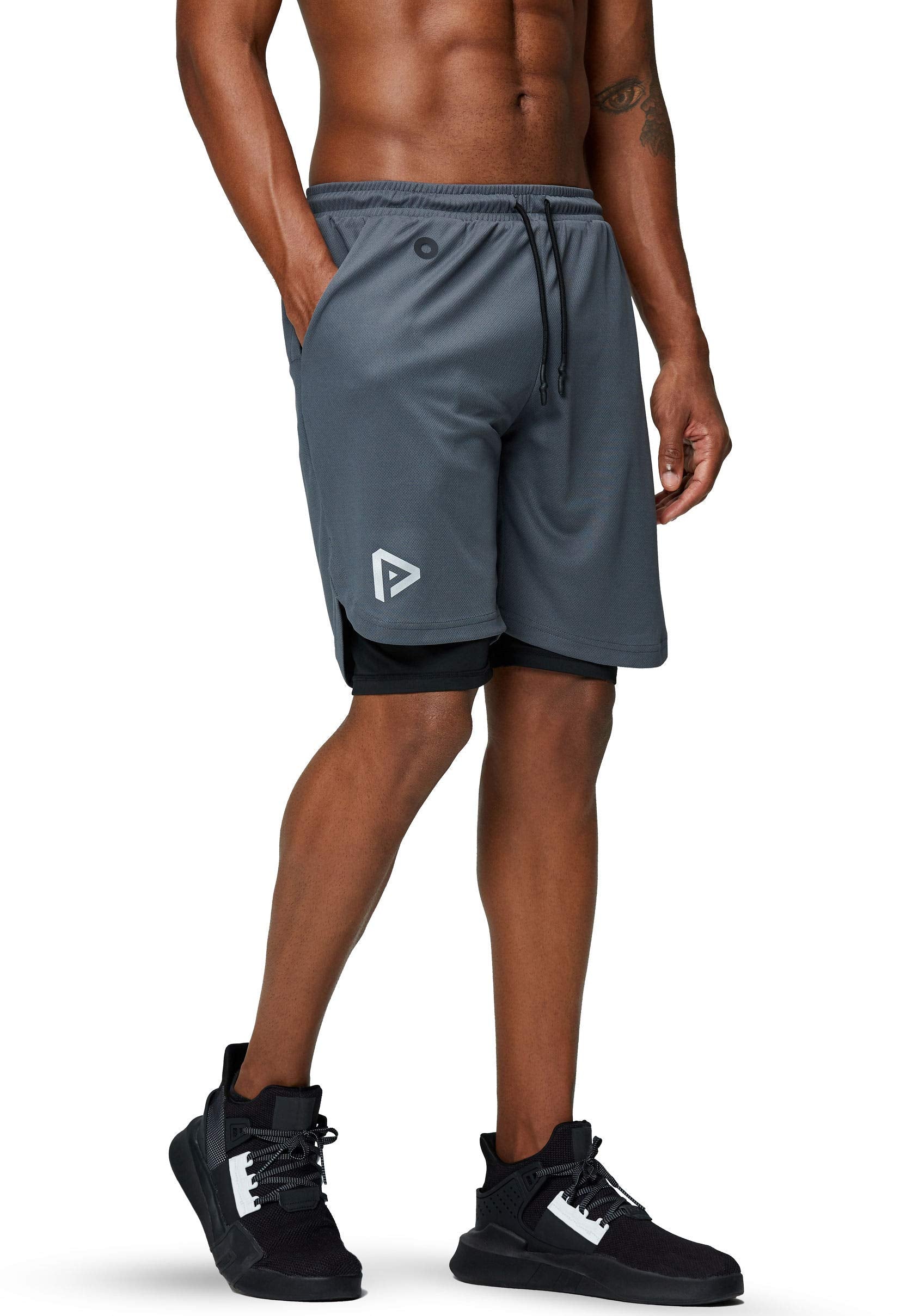 Pinkbomb Mens 2 In 1 Running Shorts Gym Workout Quick Dry Mens Shorts With Phone Pocket (Grey, Small)