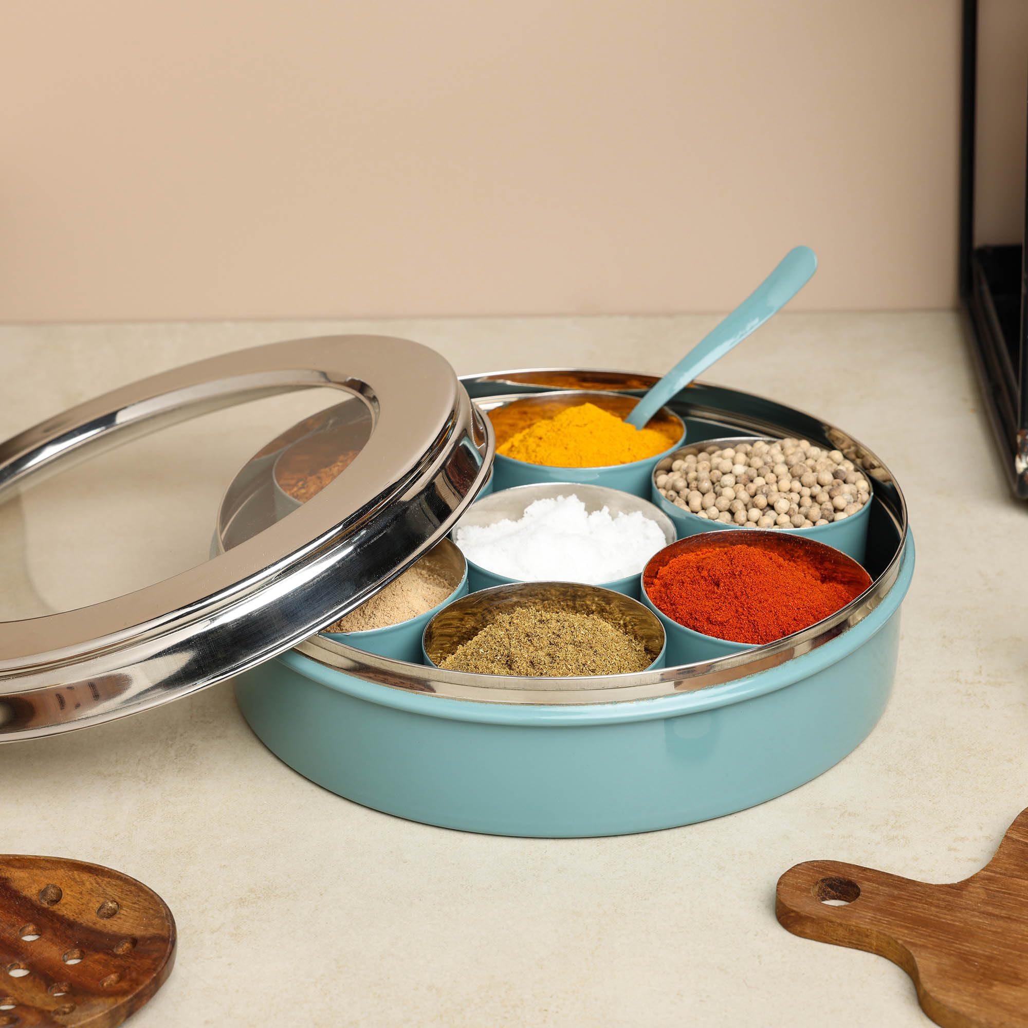 dudki Homes Stainless Steel Masala Dabba Masaladani | Spice Box For Kitchen | Masala Dani With See Through Lid With 7 Containers
