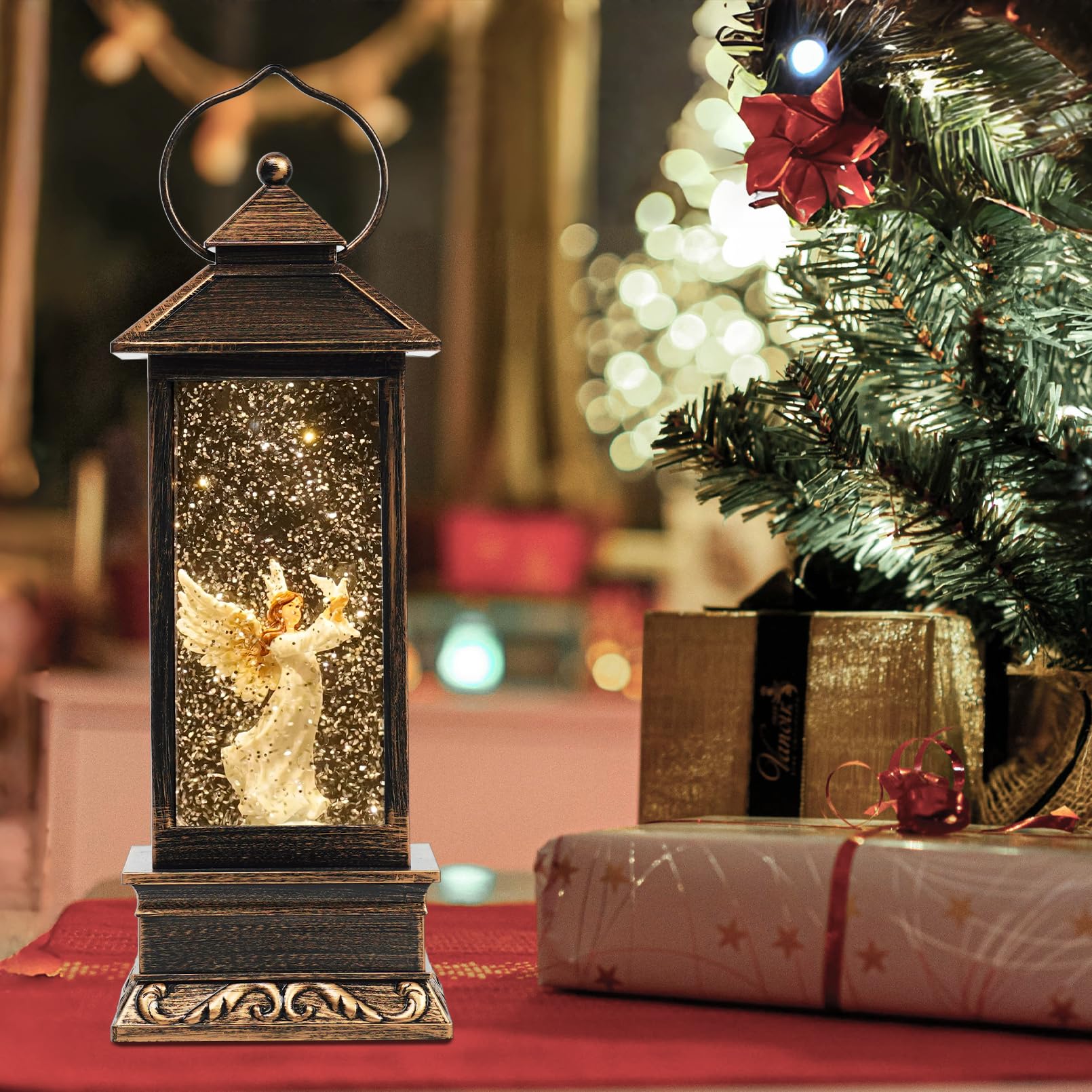 12 Christmas Snow Globe Lantern with Angel and Dove - Water Glittering LED Light Lantern with Music - Vintage Xmas Angel Gifts -