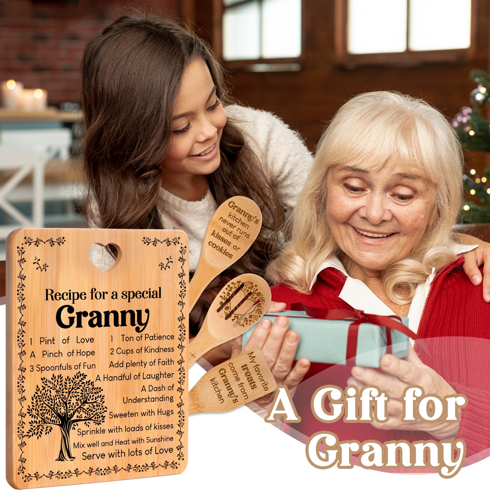 Granny Gifts -  Recipe for a Special Granny  Christmas Gifts for Granny Cutting Board Set, Bamboo-Made Engraved Utensil Set Gran