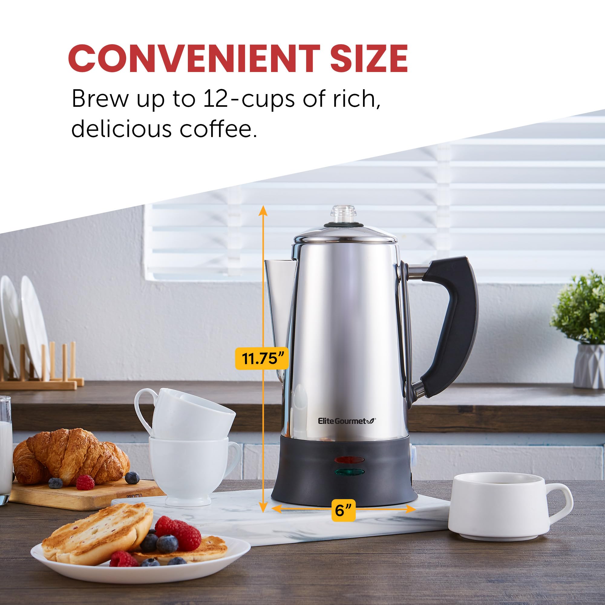 Elite Gourmet EC923 Electric Coffee Percolator, 12-Cup, Stainless Steel, BPA Free, Cool-Touch Handle, Keep Warm Feature