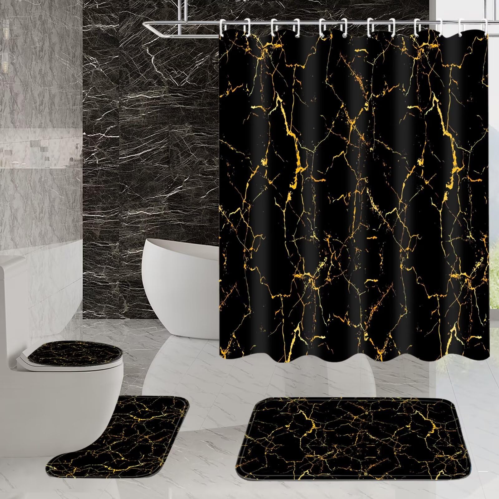 Azhm 4Pcs Shower Curtain Sets Black And Gold Marble Bathroom Sets With Shower Curtain And Rugs And Accessories Luxury Bathroom C