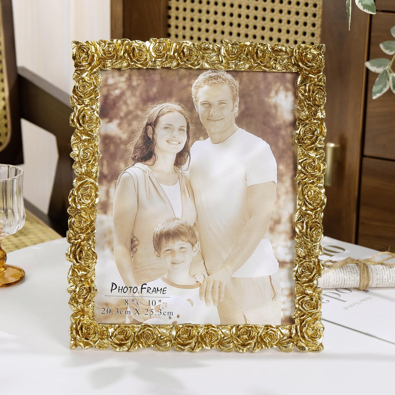 Cuspin 8x10 Picture Frame Vintage, Gold Ornate Rose Flower Resin Photo Frame with Glass Front for Tabletop, Antique Picture Fram