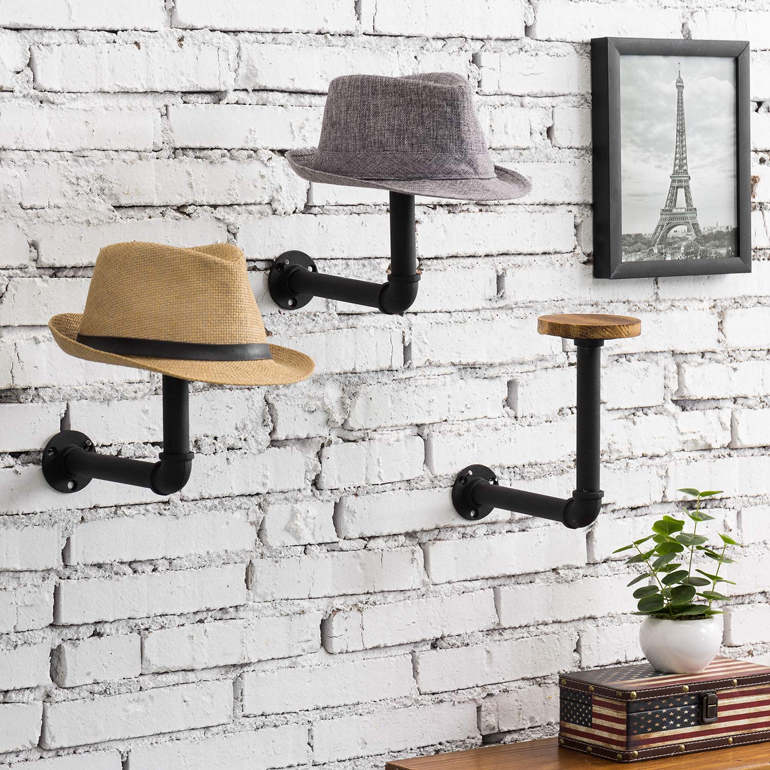MyGift Set of 3 Wall Mounted Hat Rack Holder with Realistic Black Metal Pipe and Brown Wood, Hanging Entryway Hat Hooks and Wig