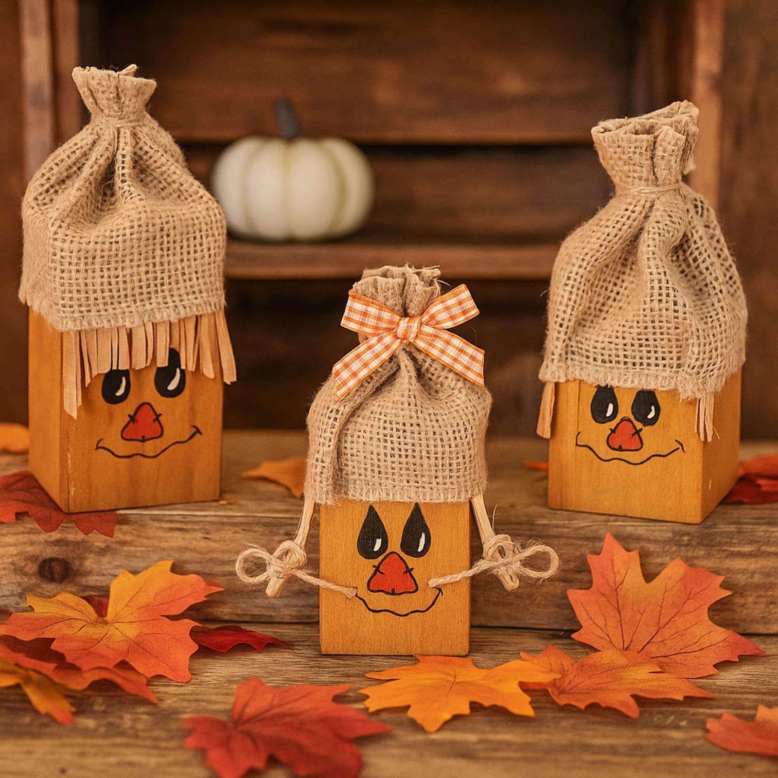Colingmill 3 Pcs Thanksgiving Scarecrow Decorations Rustic Farmhouse Scarecrow Faces Wood Table Crafts Decor for Thanksgiving Ha
