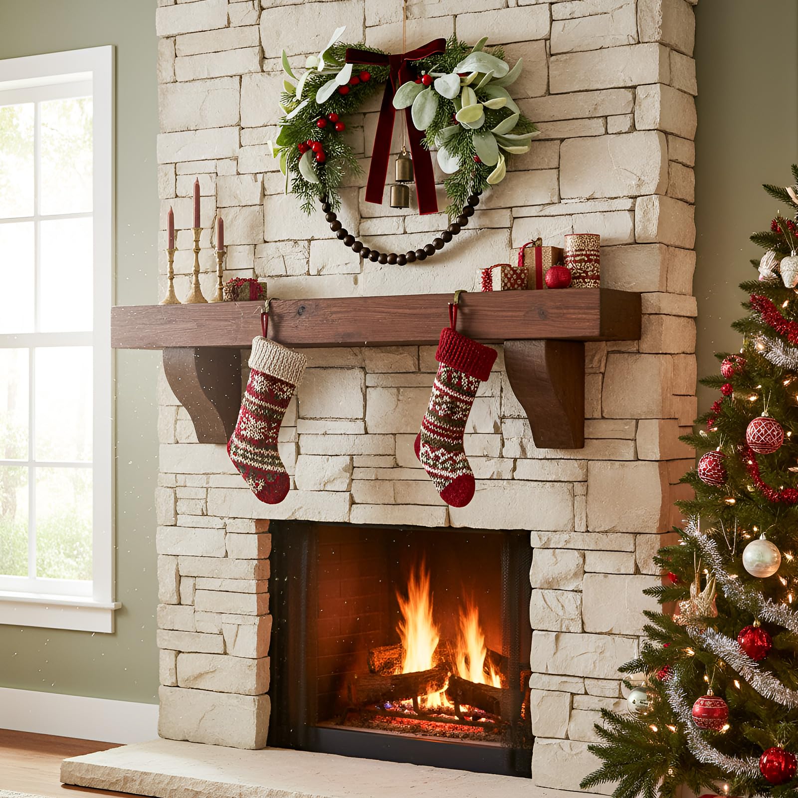 Suncalla 12 Inch Olive Norfolk Pine Christmas Wreath with Wooden Bead Bell Christmas Kitchen Cabinet Wreath for Front Door Farmh