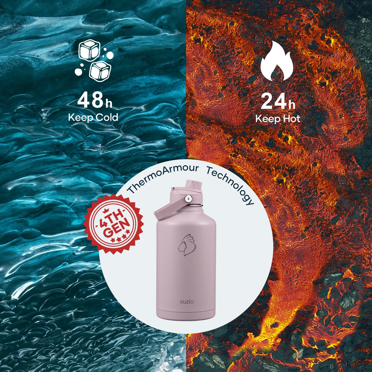 BUZIO 64oz Insulated Water Bottle, Half gallon Stainless Steel Jug (Cold for 48 Hrs), Triple Wall Vacuum Large Metal Flask with