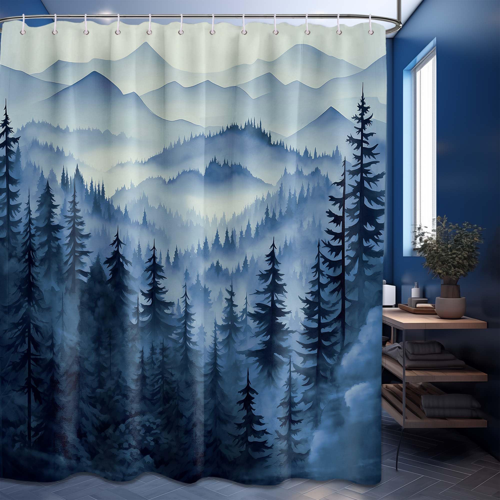 Qghot Mountain Shower Curtain Sets, Navy Blue Shower Curtains For Bathroom, Nature Woodland Forest Waterproof Pine Tree Bathroom