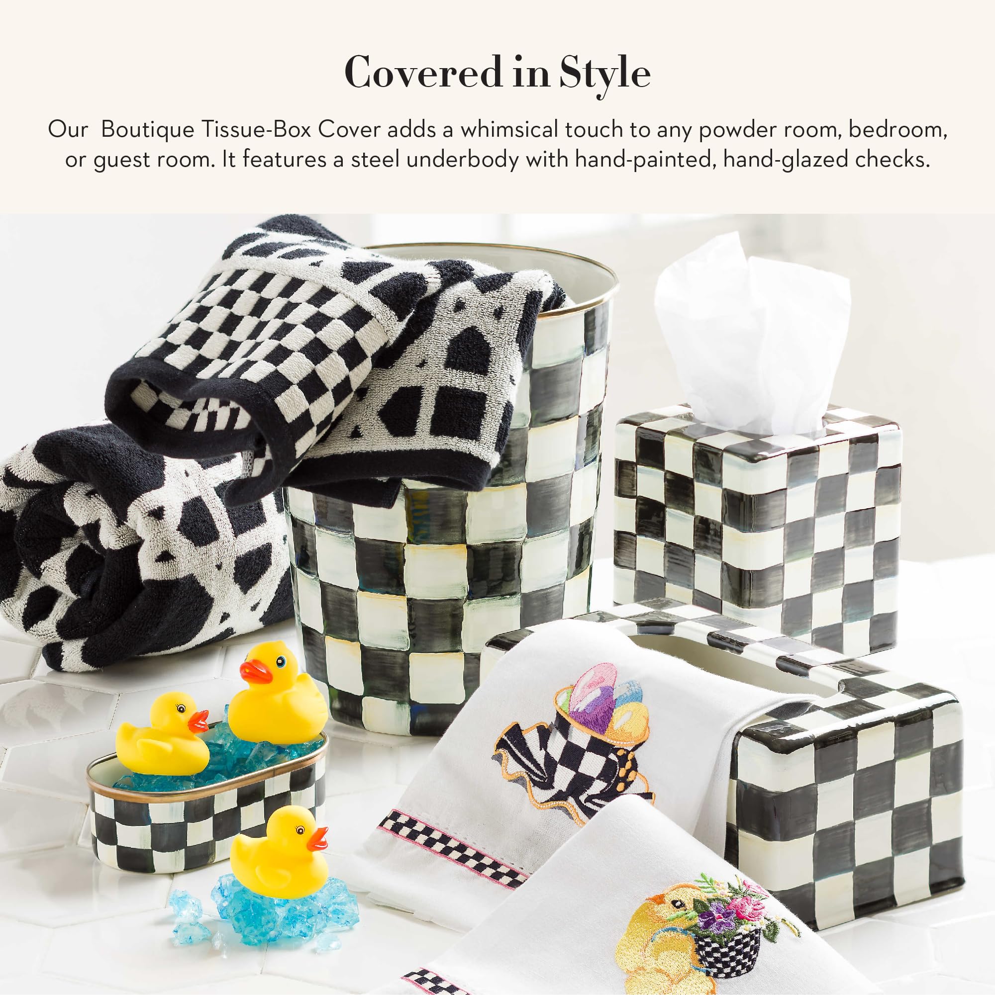Mackenzie-Childs Tissue-Box Cover, Tissue Holder For Home Decor, Black-And-White Courtly Check, Square