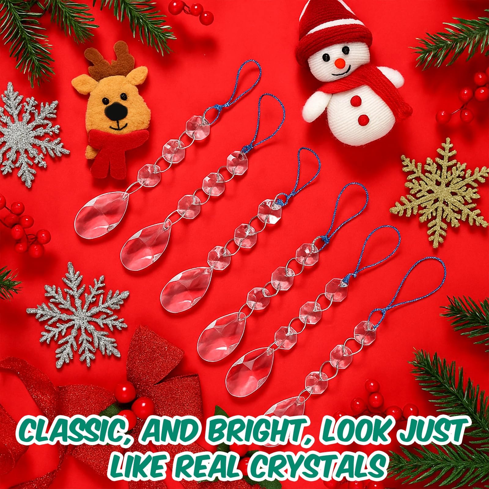 Syhood 100 Pcs Crystal Christmas Ornaments Hanging Christmas Tree Decorations Clear Acrylic Teardrop Bead Pendants for Xmas Home