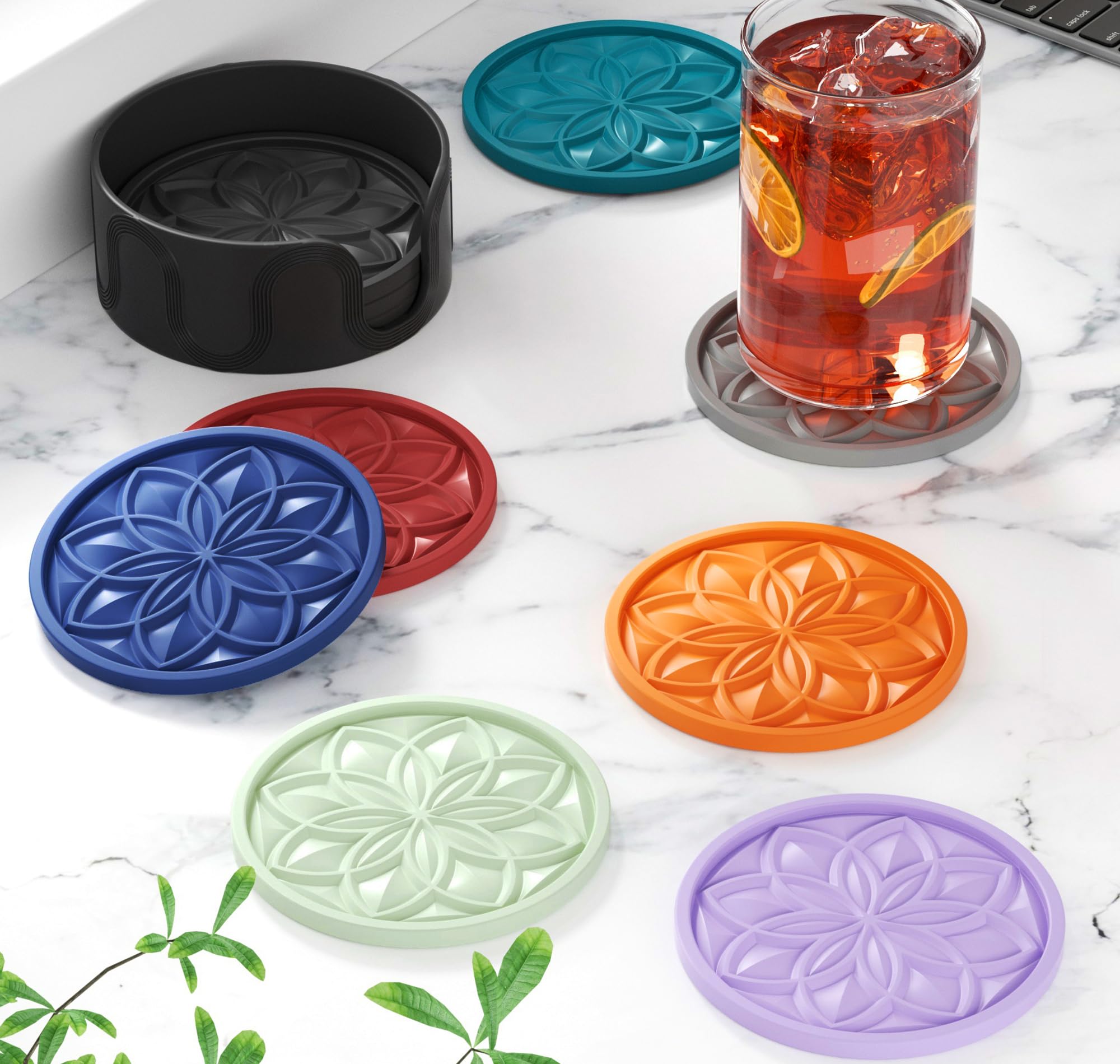 HFHOME Coasters for Drinks 6 Pack Silicone Coasters Set with Holder  Drink Coaster for Coffee Table  Table Cup Mat Desk Coaster for Drinks  Bar Coasters for Home Decor Tabletop Protection Gift - Black