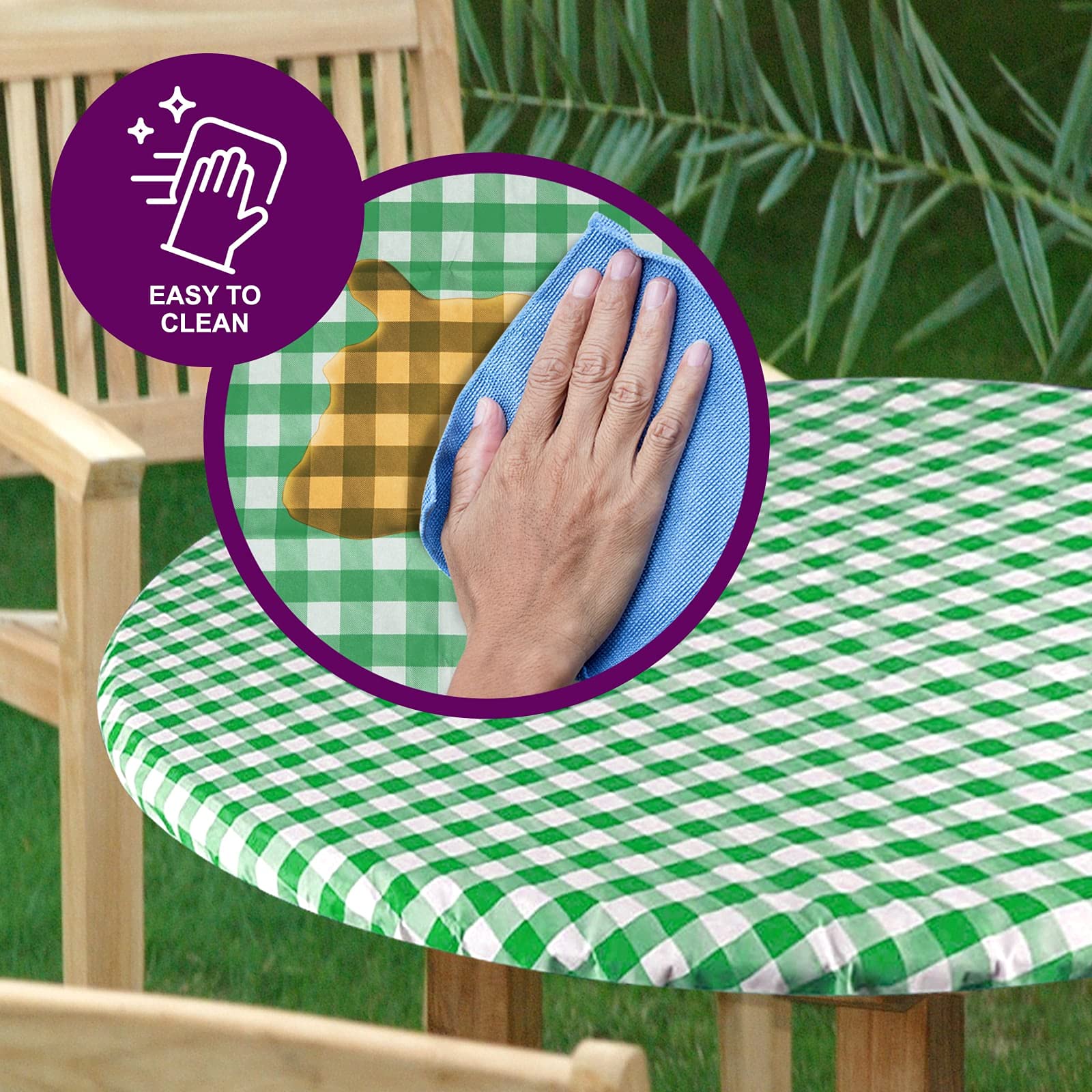 Sorfey Tablecloth -Fitted with Elastic  Vinyl with Flannel Back  Fits for Table 30 Inches Round Water Proof  Easy to Clean  Checked Green Design