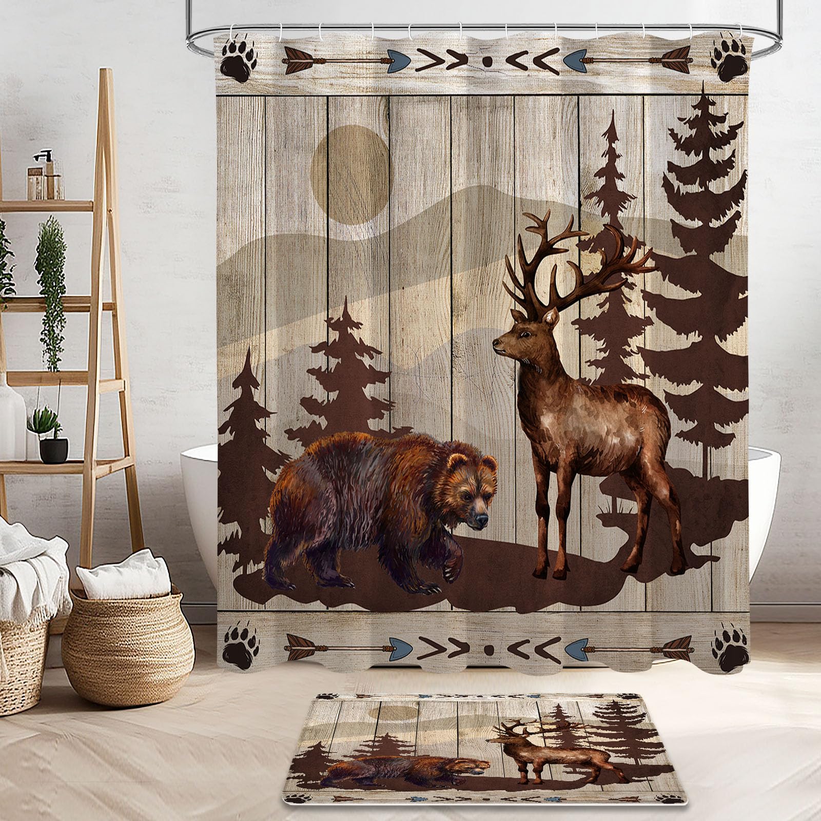 Litabel 4 Pcs Farmhouse Bear And Deer Shower Curtain Set With Non-Slip Rugs, Toilet Lid Cover And Bath Mat,Wooden Bathroom Decor