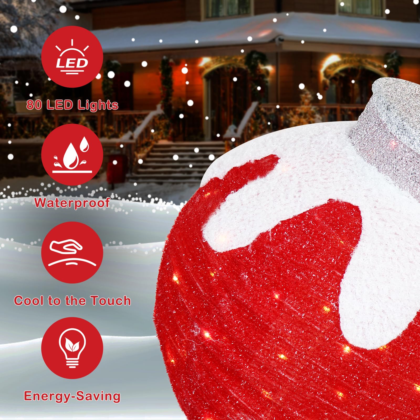 BRIGHTDECK 2 Pcs Outdoor Christmas Ornaments, Lighted Pop-Up Outdoor Holiday Ball Decoration with 80 LED Lights, 8 Light Modes,
