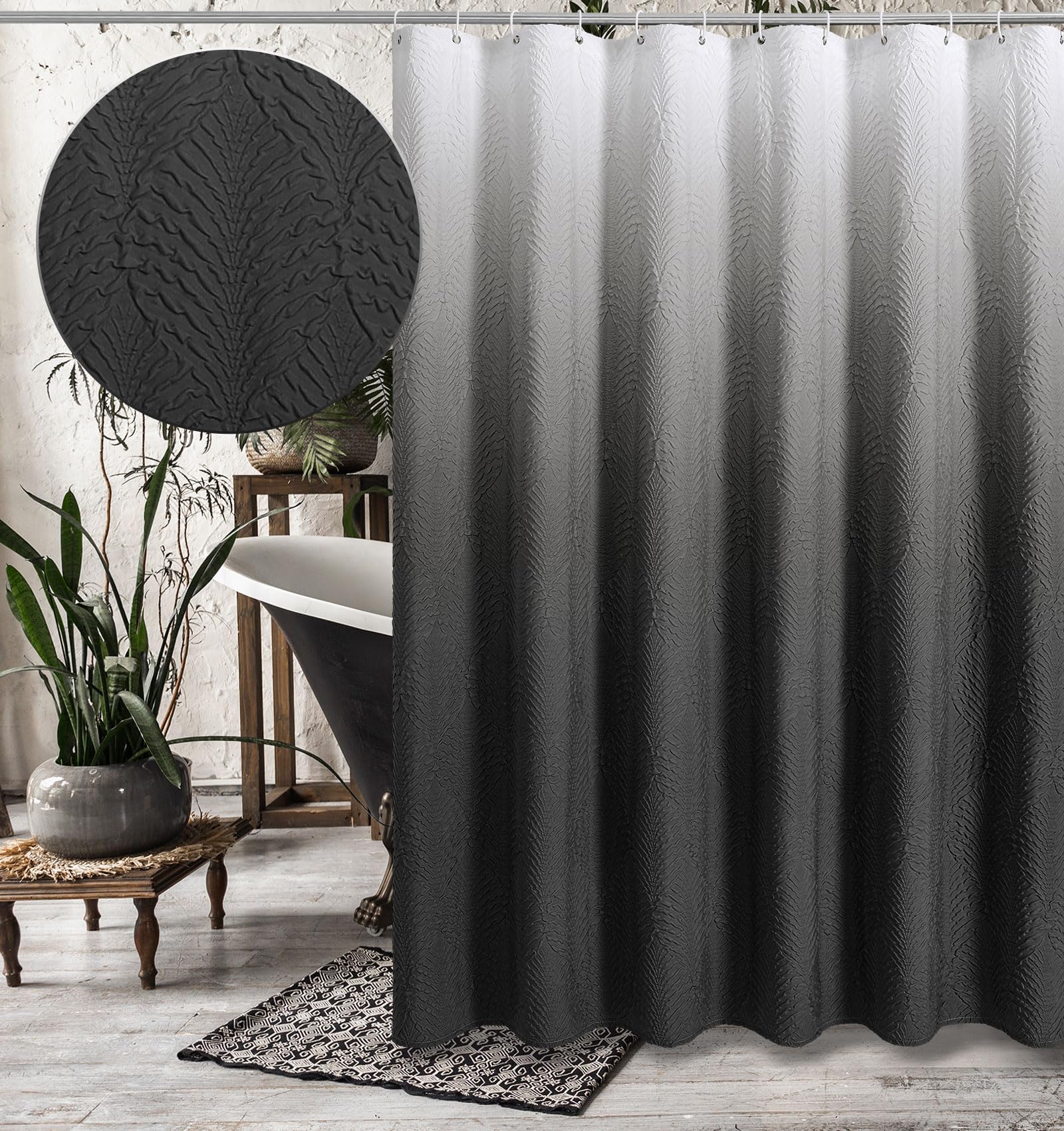 Gibelle Ombre Black Shower Curtain For Bathroom, 3D Embossed Textured Fabric Shower Curtain, Modern Farmhouse Chic Soft Cloth Sh