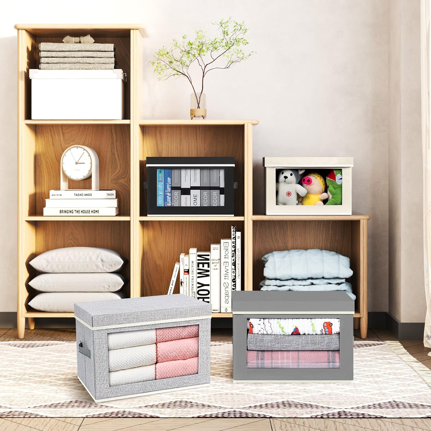 Homsorout Stackable Storage Bins With Lids - Storage Baskets With Lids, Foldable Storage Bins, Wardrobe Clothes Organizer With W