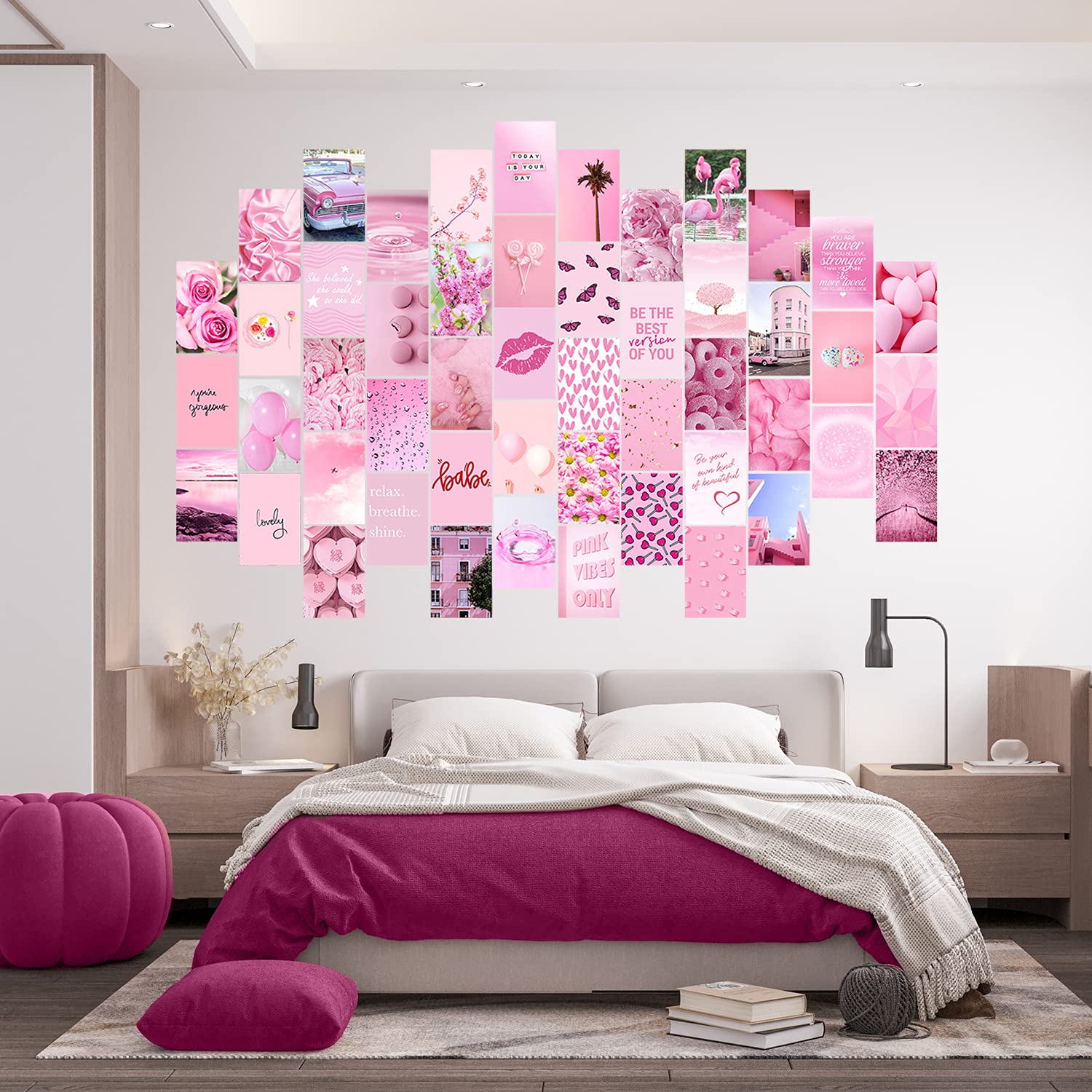 Woonkit Pink Aesthetic Pictures, Collage Kit For Wall, Pink Room Wall Bedroom Dorm Decor, Room Decor For Teen Girls, Trendy 50Pc