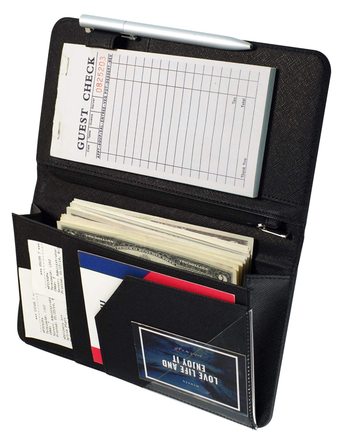 Mymazn 5 X 9 Server Book For Waitress With Magnetic Closure, Zipper Pocket And Pen Holder (Black)