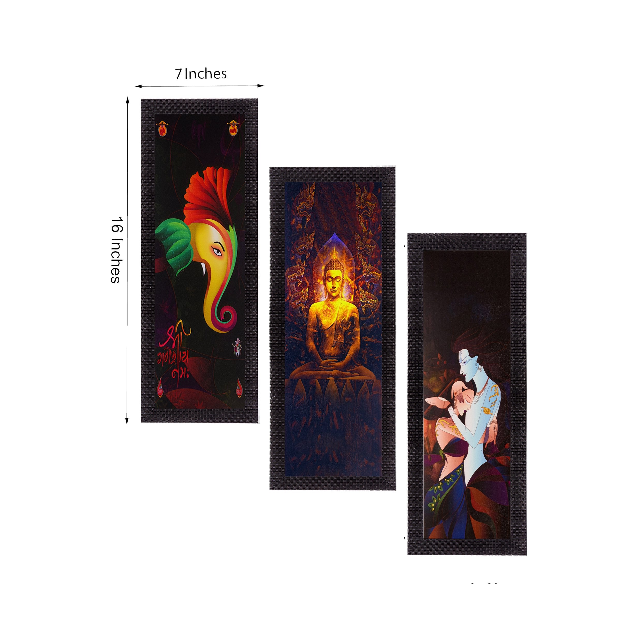 Ecraftindia Set Of 3 Lord Ganesha, Buddha, And Radha Krishna Paintings - Digital Printed Religious Wall Art For Living Room, Bed