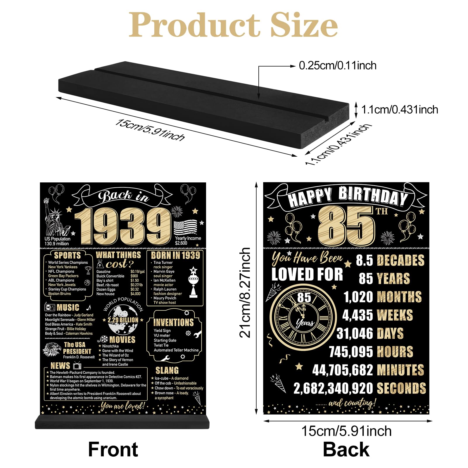 85Th Birthday Decorations Back In 1939 Table Sign For Men Women, Black Gold Happy 85 Bday Two-Sided Wooden Table Poster With Sta