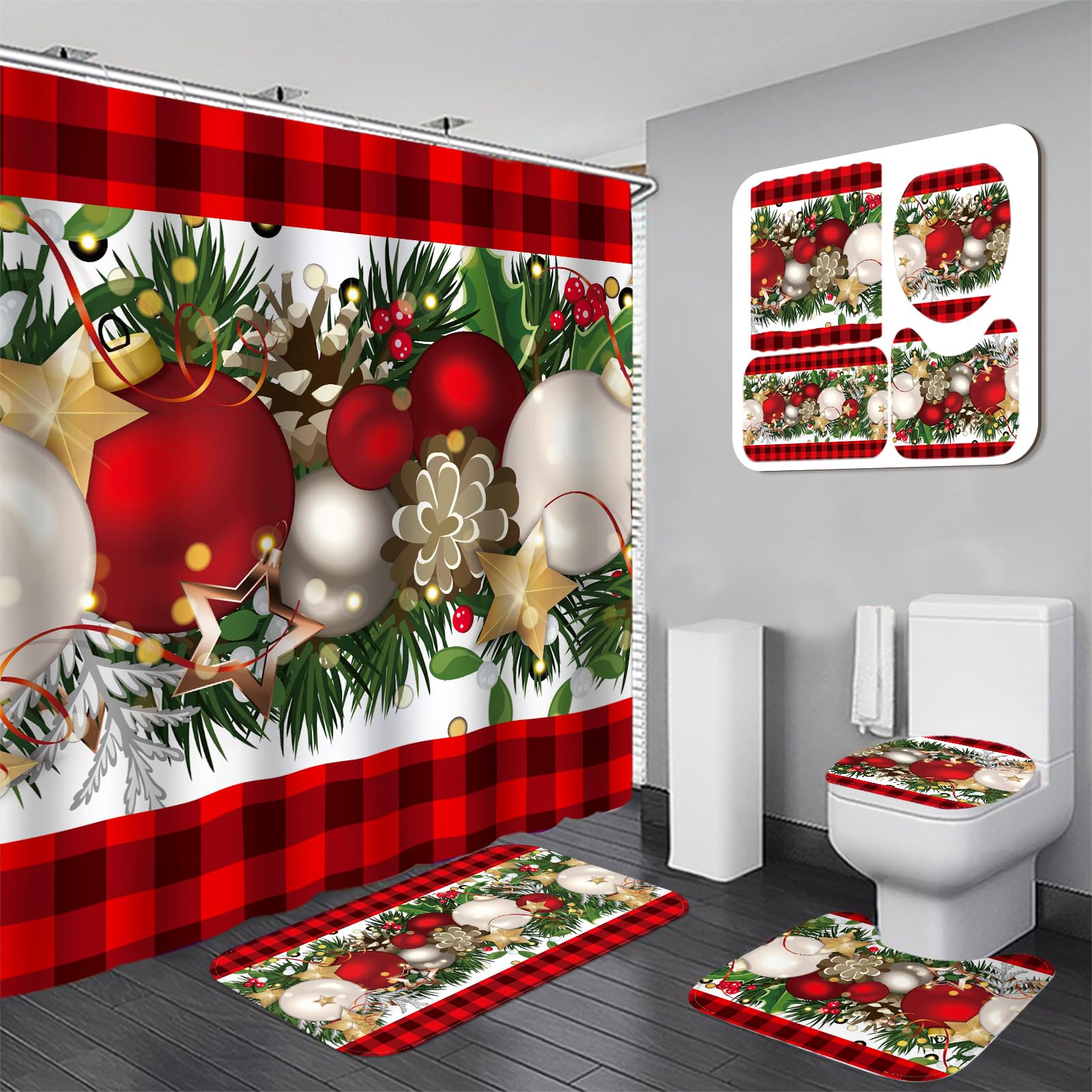 Drydiet 4Pcs Christmas Ball Shower Curtain Set With Non Slip Rug Toilet Lid Cover Bath Mat 12 Hooks Red Black Buffalo Check Plai