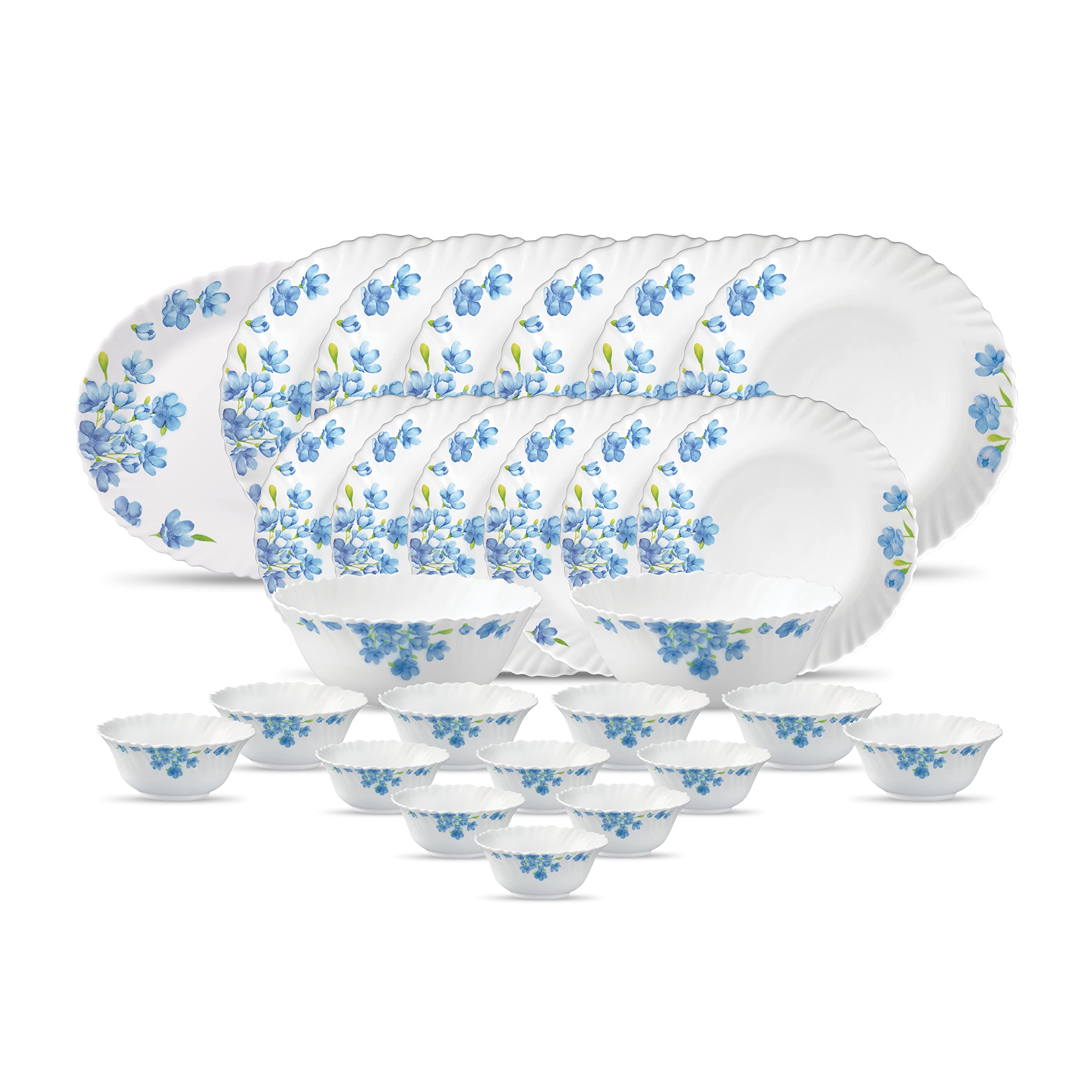 La Opala Diva, Classique Collection, Opal Glass Dinner Set 27 Pcs, Aster Blue, White