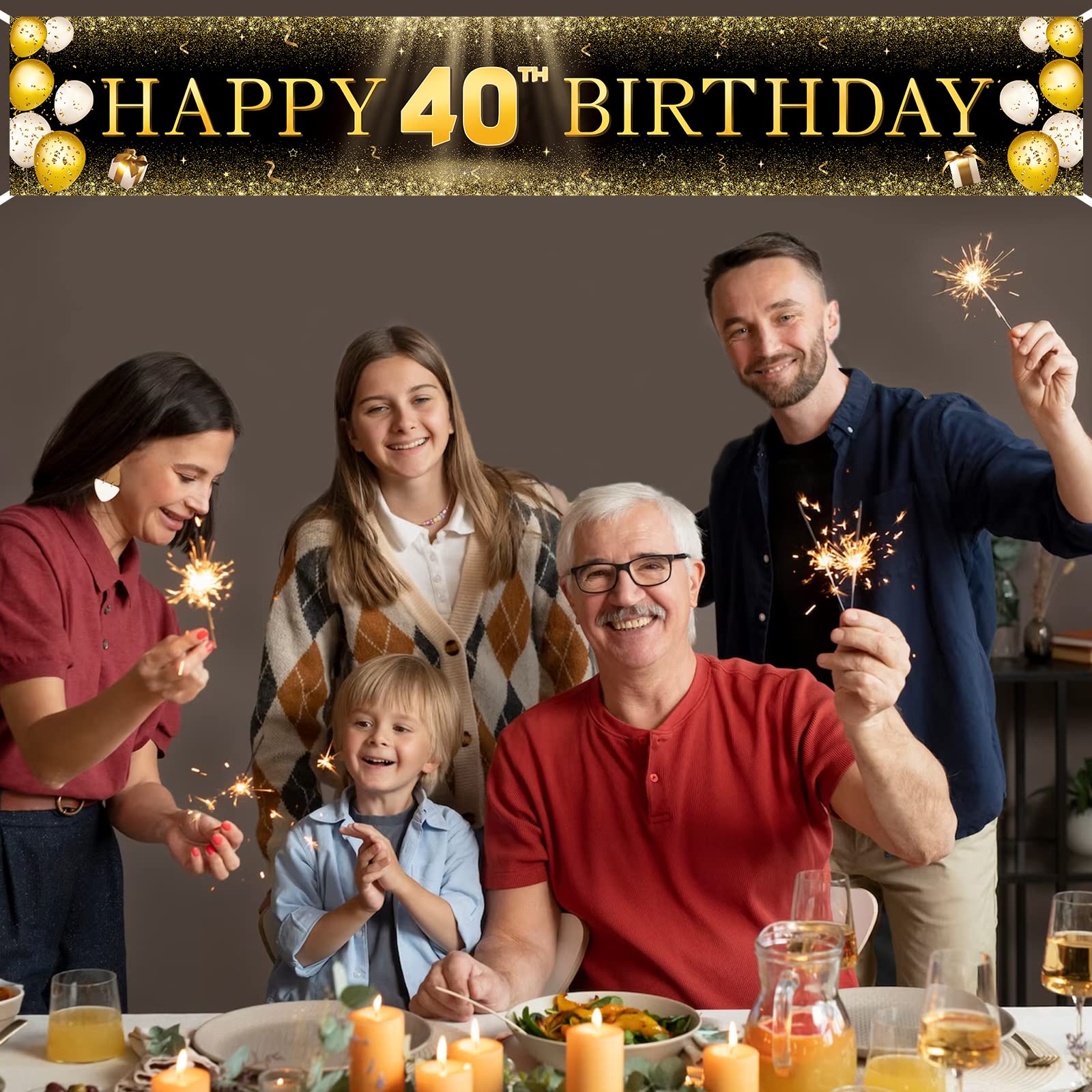 Tzss 40Th Birthday Decorations For Men Women, Black And Gold Happy 40Th Birthday Banner Yard Signs, 40Th Birthday Indoor Outdoor