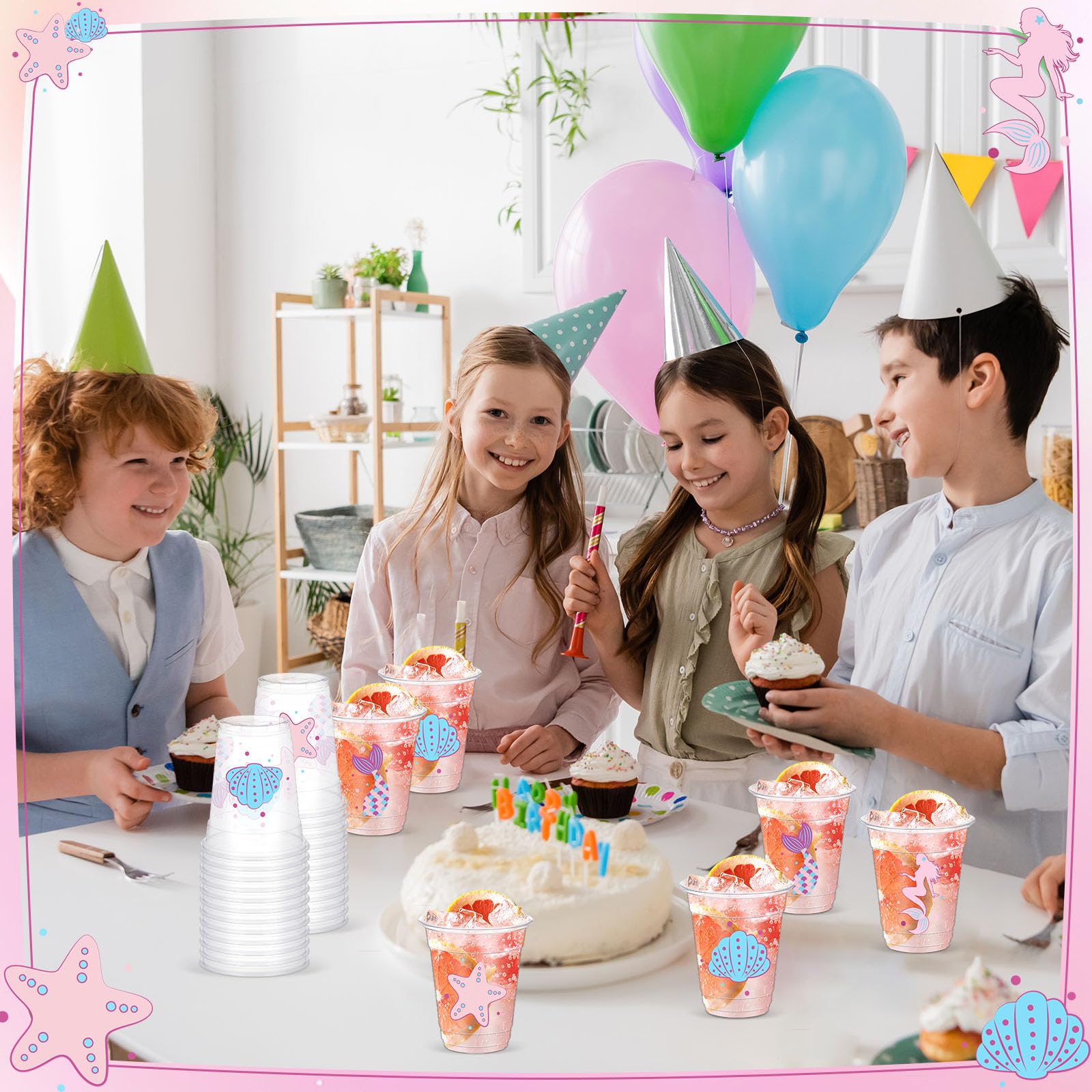 Yaomiao 50 Pieces Mermaid Party Cups Bulk 12 Oz Disposable Plastic Under The Sea Drinking Cups Mermaid Tail Shell Starfish Bever