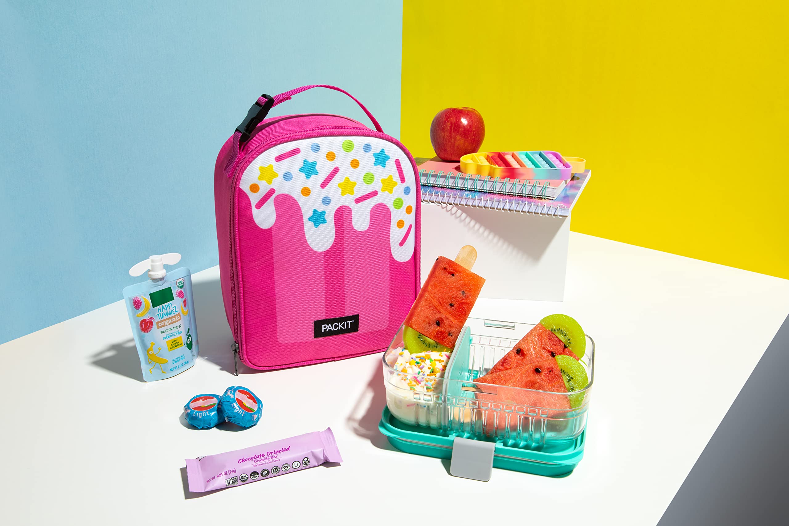 Packit Freezable Playtime Lunch Box, Pink Popsicle, Built With Ecofreeze Technology, Collapsible, Reusable, Zip Closure With Buc