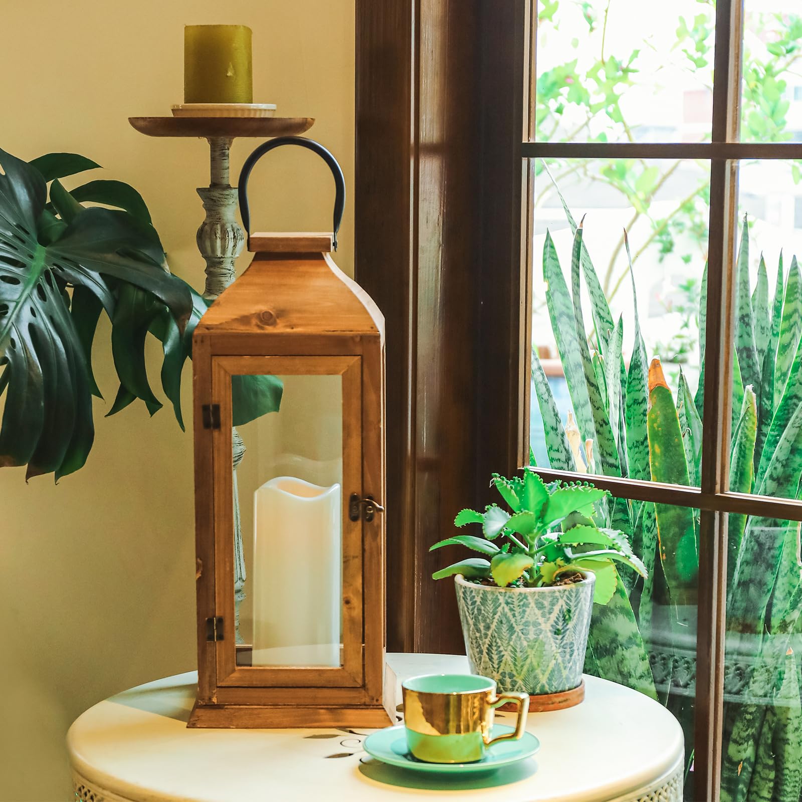 Bdor 2 Pack Large 22.5 Inch Decorative Lanterns with Flameless Pillar Candles, IP65 Waterproof Black Metal Lanterns for Home Dec